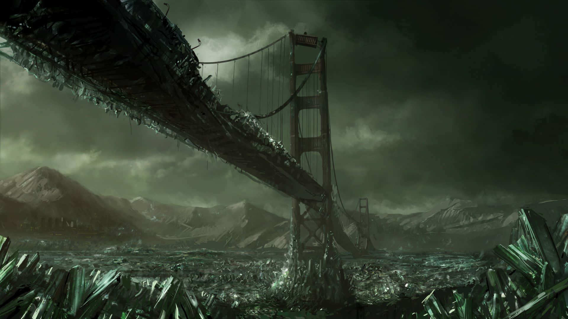 Dark Gothic 桌布 壁紙 — 一座破碎的金門大橋聳立於水晶荒野之上，天空灰暗，風暴來襲。