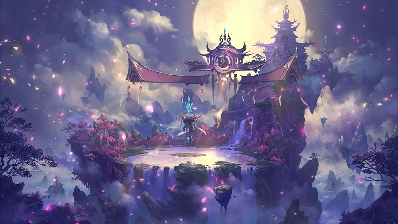 magical 桌布 壁紙 — 一座神秘漂浮的寺廟，在發光的月亮下，被紫色雲朵和飄落的粉紅色花瓣環繞。