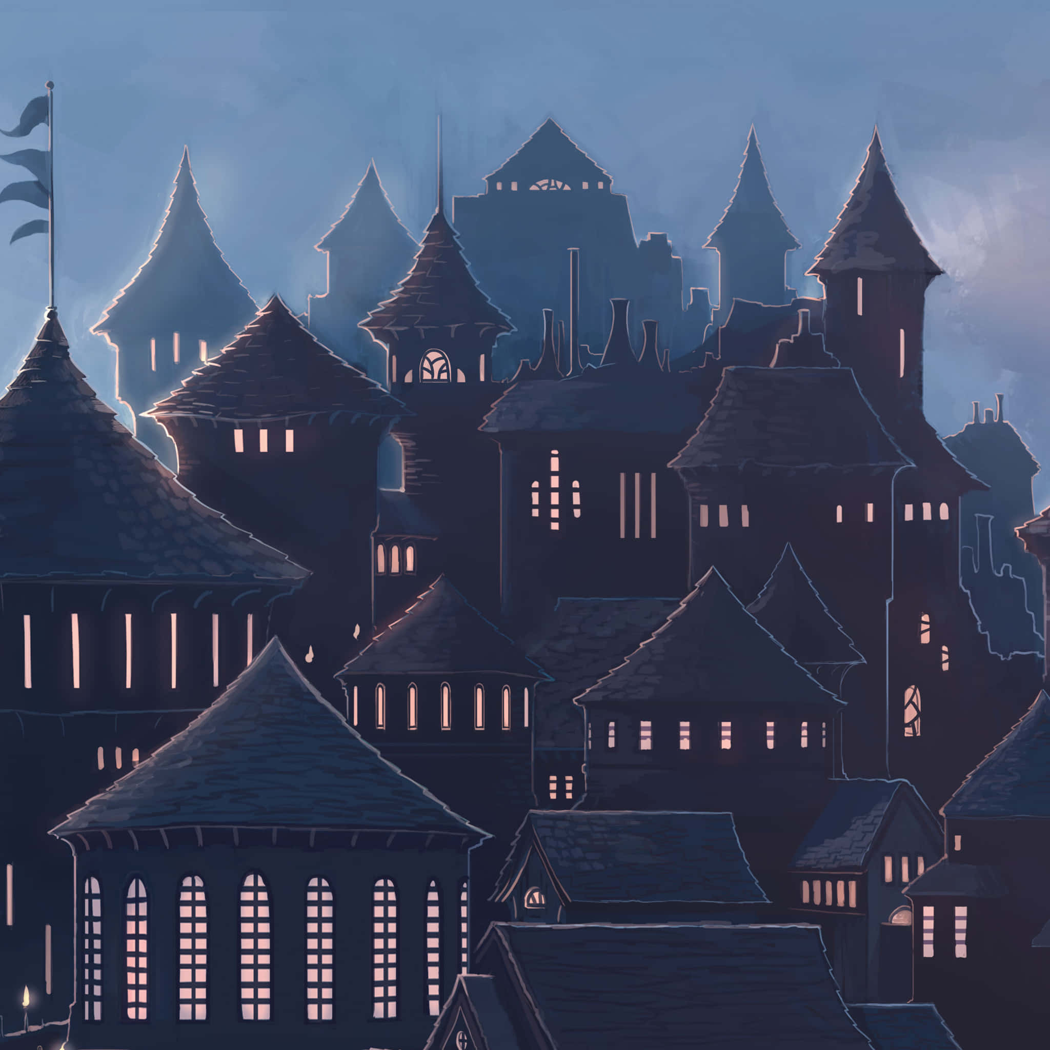 Christmas At Hogwarts 桌布 壁紙 — 一座神秘的中世紀城堡小鎮，在黃昏時分，發光的窗戶和黑暗的尖塔映襯著憂鬱的藍色天空。