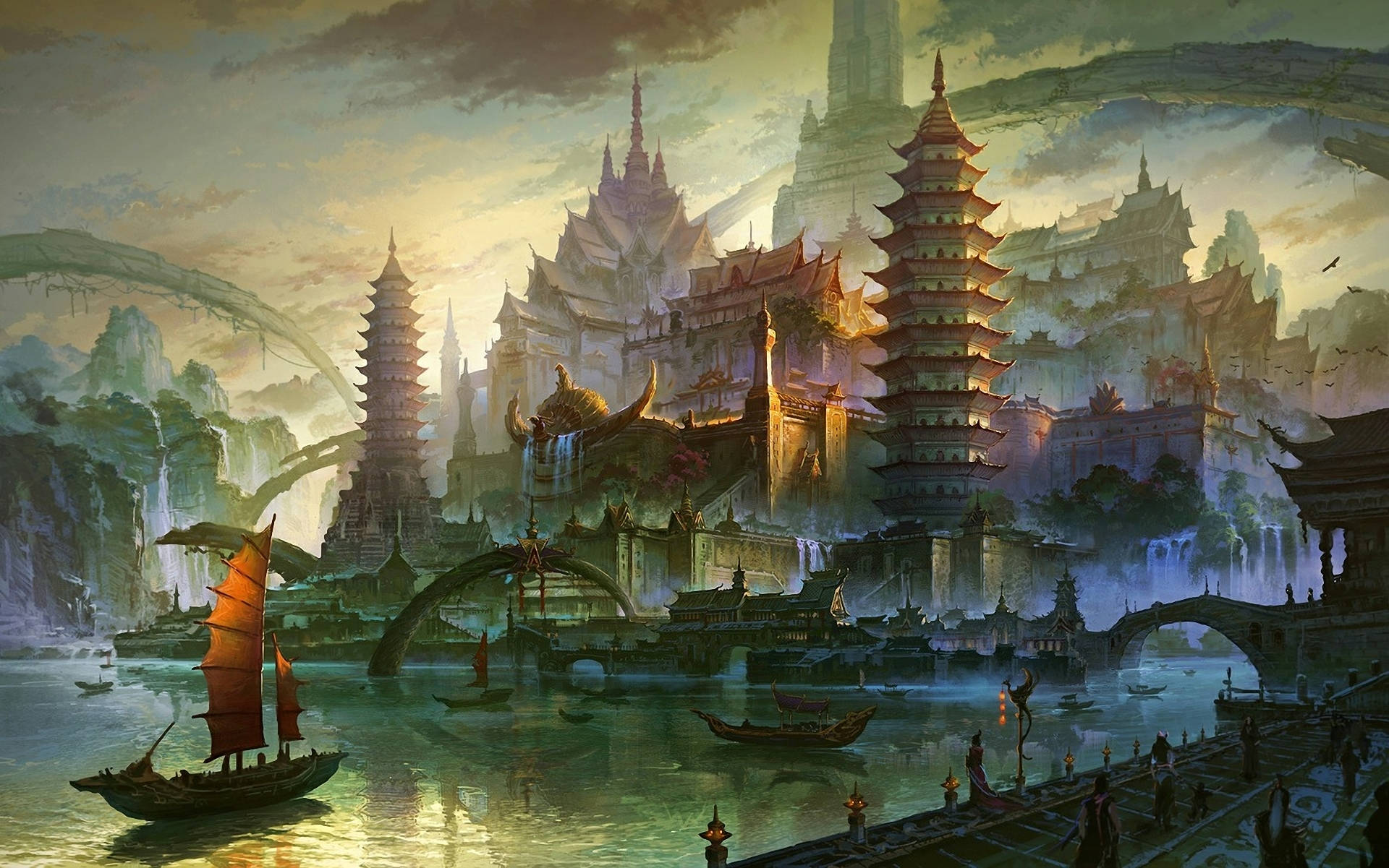 奇幻藝術 桌布 壁紙 — 一座神秘的亞洲風格城市，層疊的寶塔和橋樑漂浮在水面上，船隻在發光的天空下行駛。