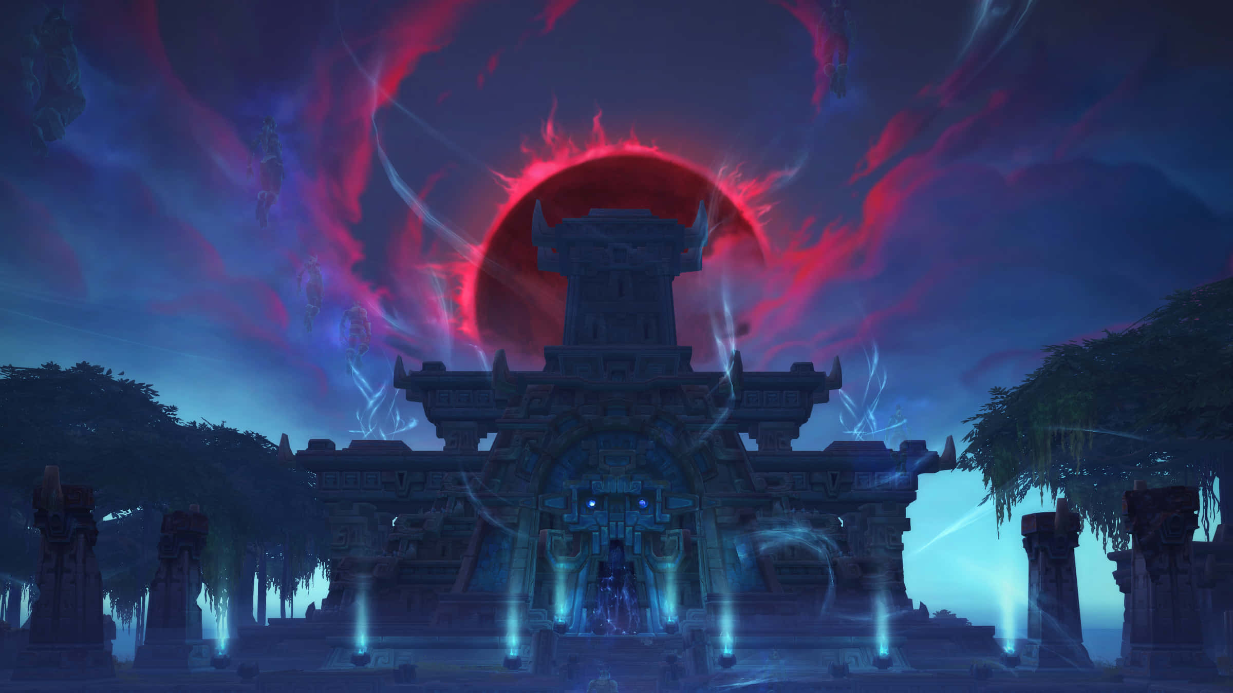 魔獸世界 桌布 壁紙 — 一座神秘的古老寺廟矗立在發光的紅太陽下，伴隨著旋轉的宇宙能量和漂浮的人物，在暮色天空中。