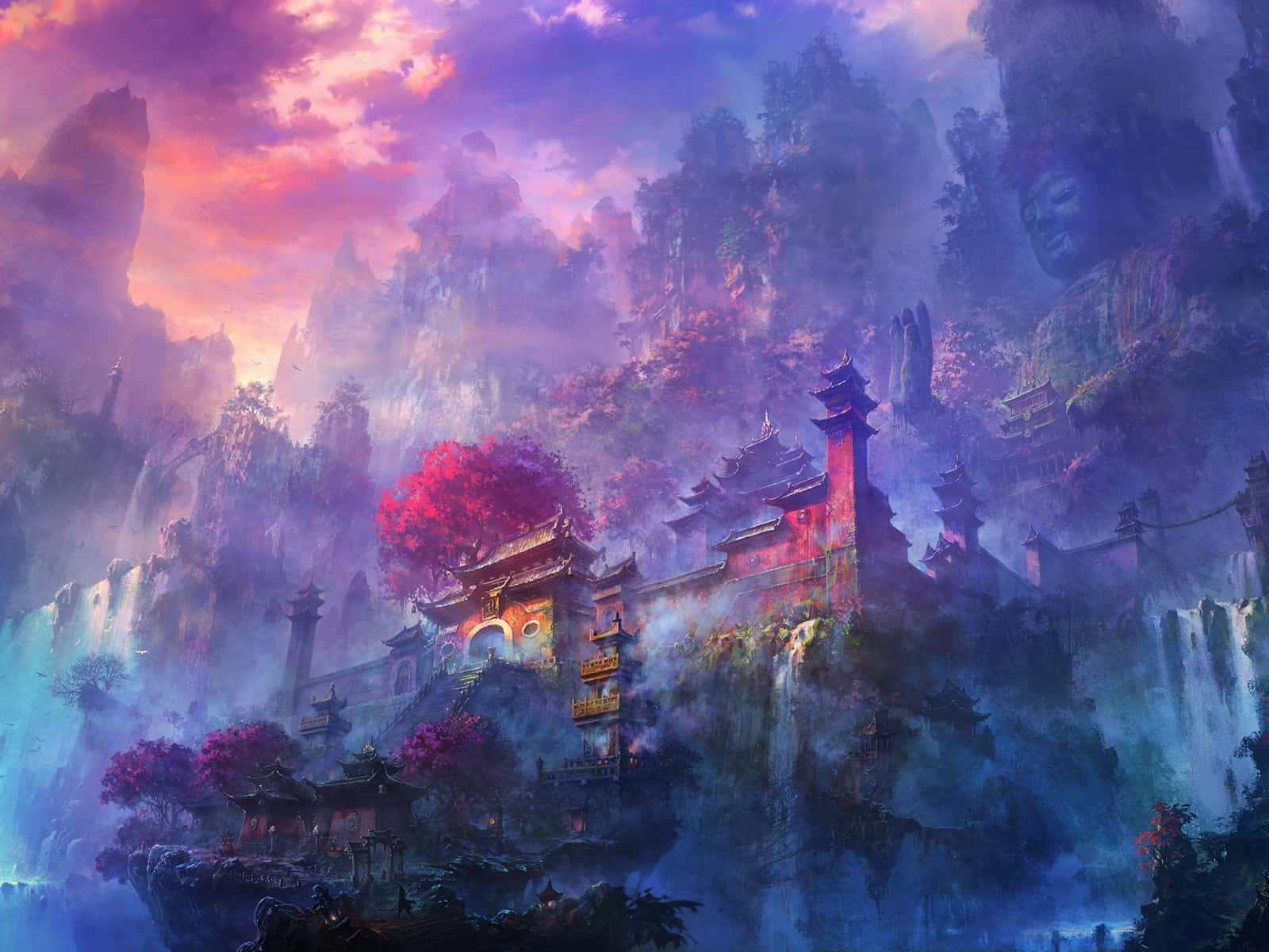 High Resolution Watercolor 桌布 壁紙 — 一座神秘的寺廟建築群依附在霧氣繚繞的懸崖上，天空呈現出鮮豔的紫色和粉紅色日落。