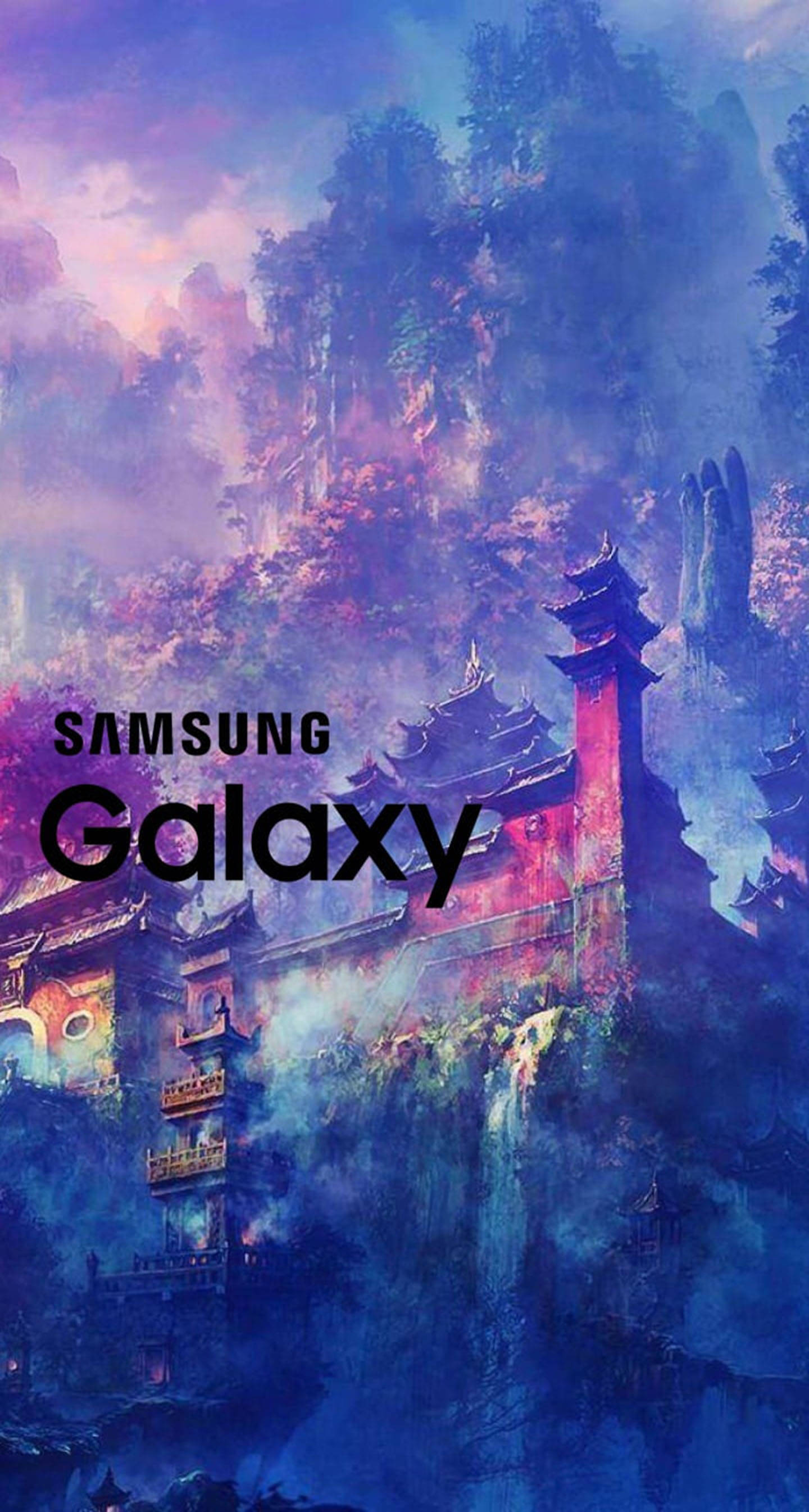 手機 桌布 壁紙 — 一座神秘的山中寺廟，在夢幻般的暮色天空中閃爍著粉紅色和紫色的光芒。