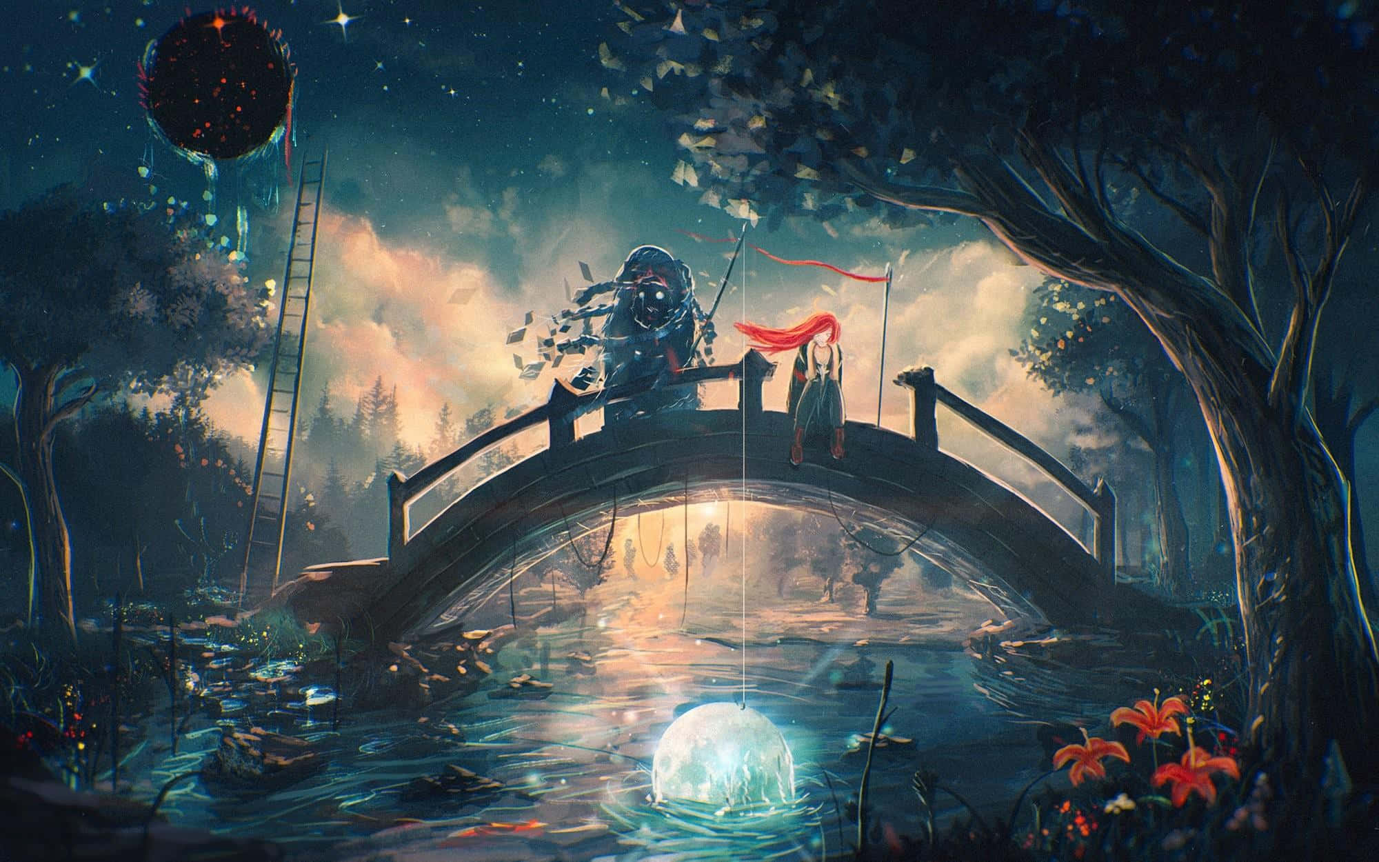 Cool Art 桌布 壁紙 — 一座神秘的橋樑拱起於發光的水面上，星空下有一個漂浮的紅色球體和一把通往天球的梯子。