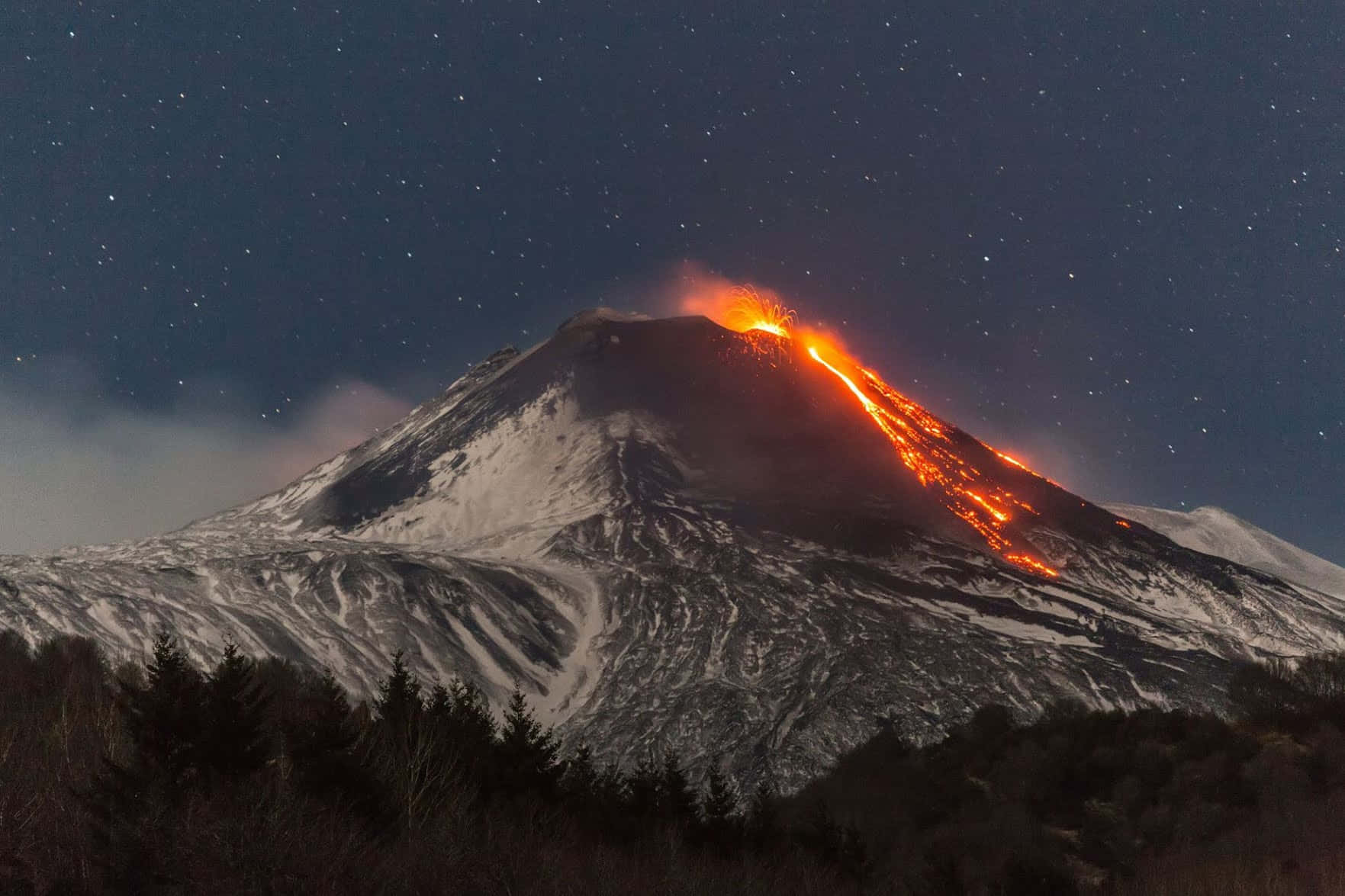 Volcano 桌布 壁紙 — 一座積雪火山爆發，熾熱的熔岩在星空下沿著山坡流下。
