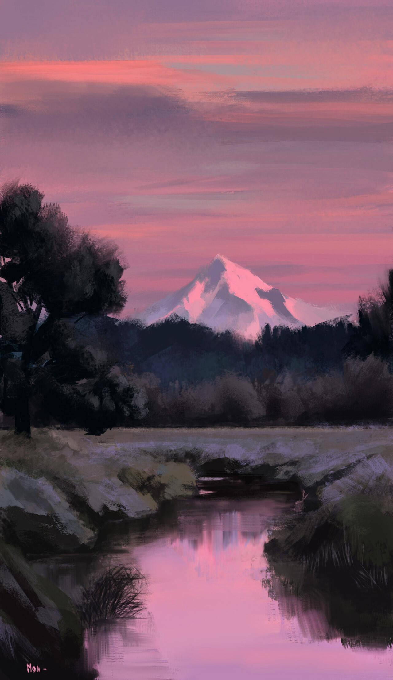 藝術 桌布 壁紙 — 一座積雪的山峰在平靜的河流中倒映，天空呈現出充滿活力的粉紅色和紫色日落。