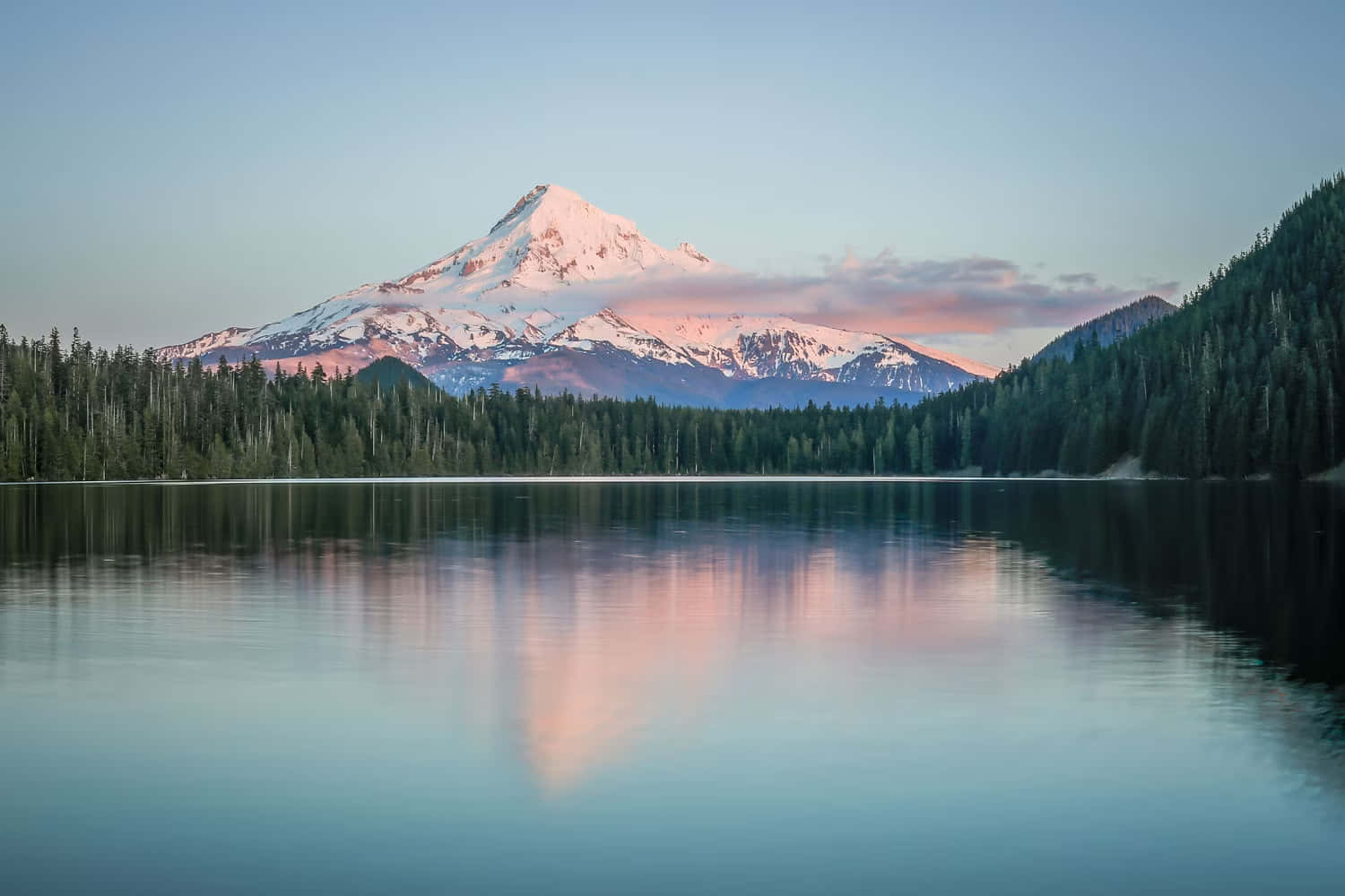 Mount Hood 桌布 壁紙 — 一座積雪的山峰在日出時倒映在由茂密常綠森林環繞的平靜湖泊中。