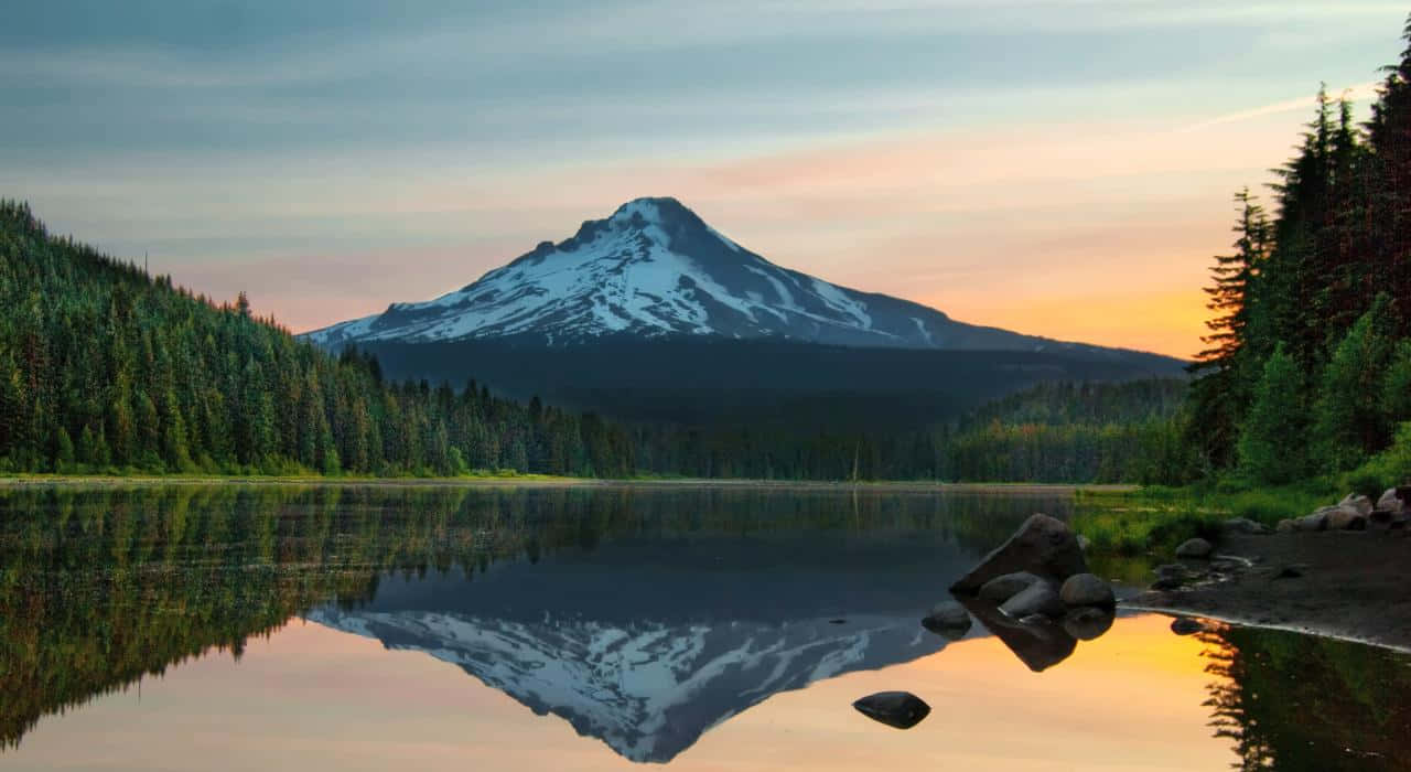 Mount Hood 桌布 壁紙 — 一座積雪的山峰在日落時完美地倒映在平靜的湖面上，周圍是茂密的常綠森林。