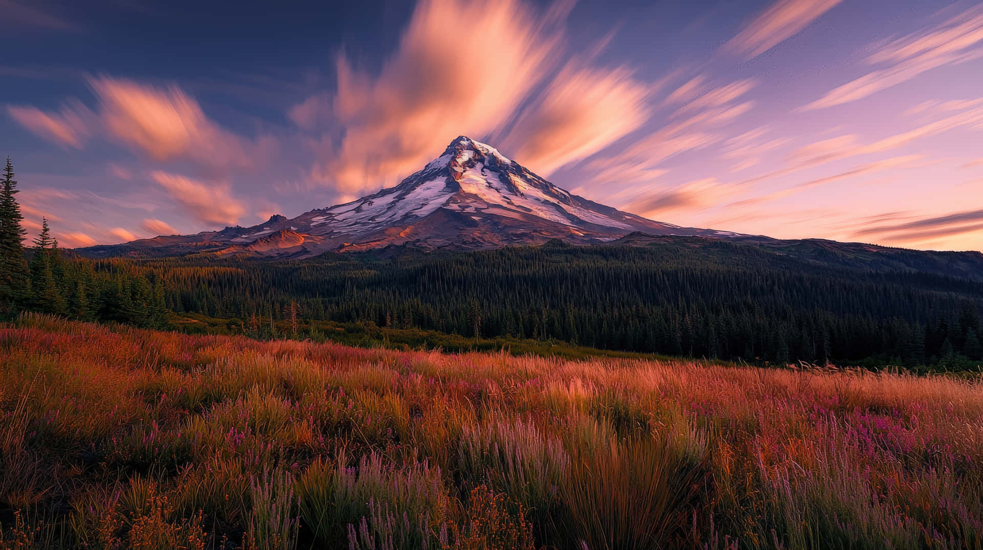 Snow-Capped Mountain with Vibrant Meadow and Dramatic Sunset Sky 壁紙 — 一座積雪的山峰聳立在森林覆蓋的山脊之上，粉紅色和紫色的條紋雲在暮色天空中旋轉。