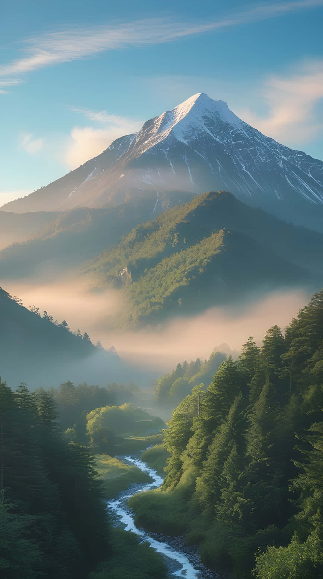 A natural scenery of green mountain 壁紙 — 一座積雪的山峰聳立在霧氣瀰漫的森林之上，蜿蜒的河流流經下方的山谷。