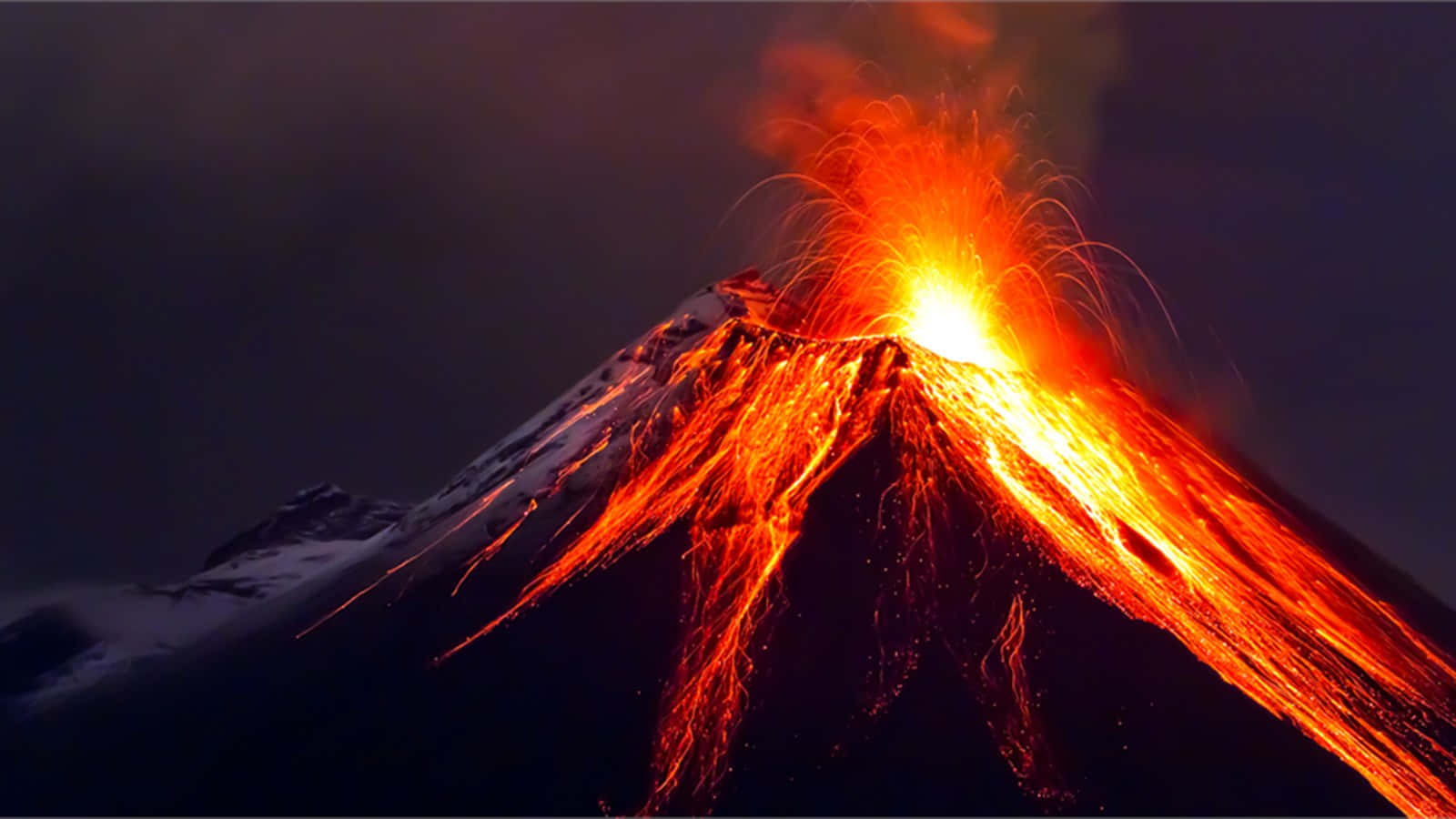 Volcano 桌布 壁紙 — 一座積雪覆蓋的火山在夜間猛烈噴發，發光的熔岩沿著山坡傾瀉而下。