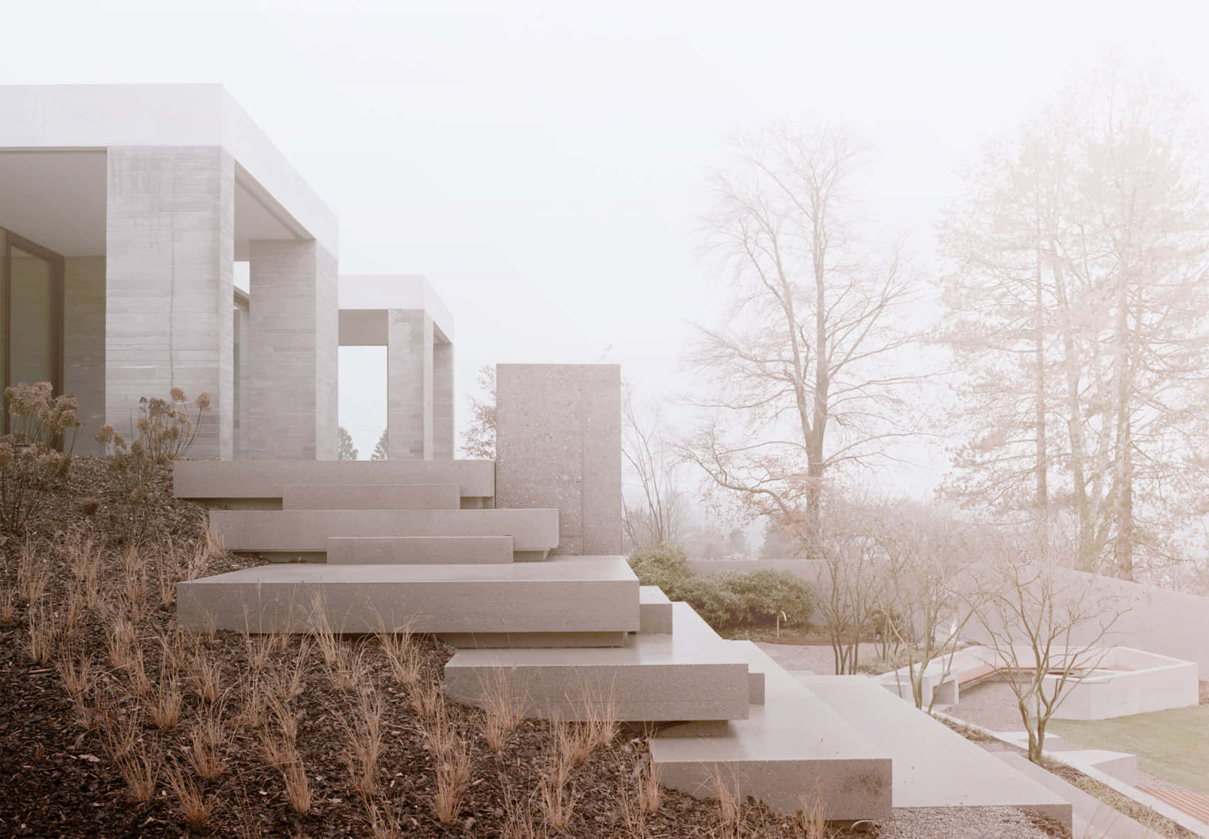 Minimalist Architecture 桌布 壁紙 — 一座簡約的混凝土現代房屋，帶有分層台階，在柔和陰天的光線下從霧濛濛的冬季樹林中浮現。