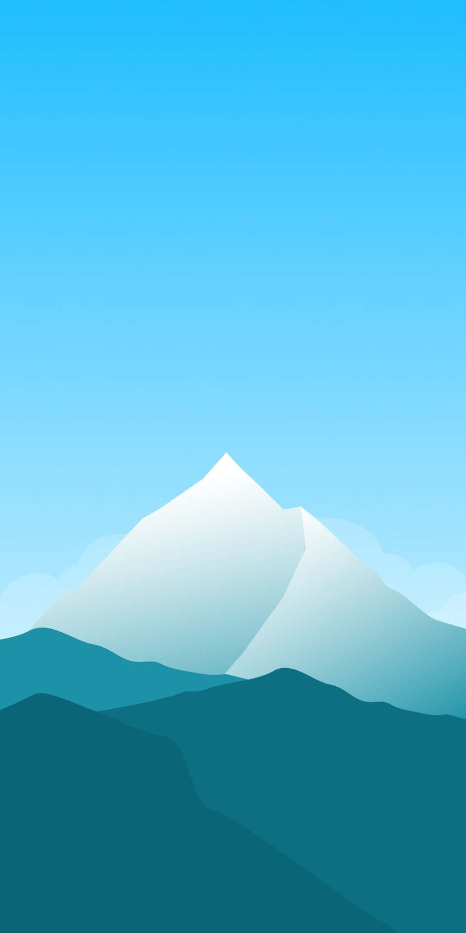 Pixel 3 Minimal 桌布 壁紙 — 一座簡約風格的山峰，頂部積雪，聳立在層層疊疊的藍綠色山丘之上，背景是清澈的藍天。