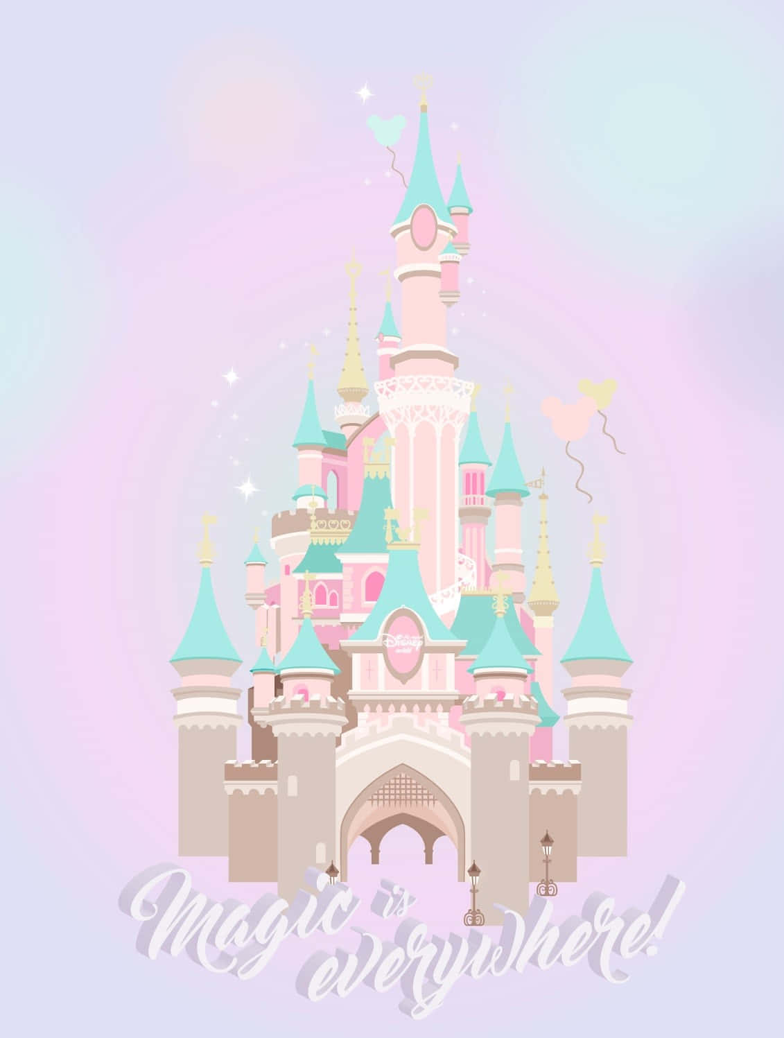 Aesthetic Disney 桌布 壁紙 — 一座粉彩卡通城堡，擁有藍綠色屋頂和粉紅色塔樓，矗立在柔和的漸變天空下，漂浮著愛心和星星。