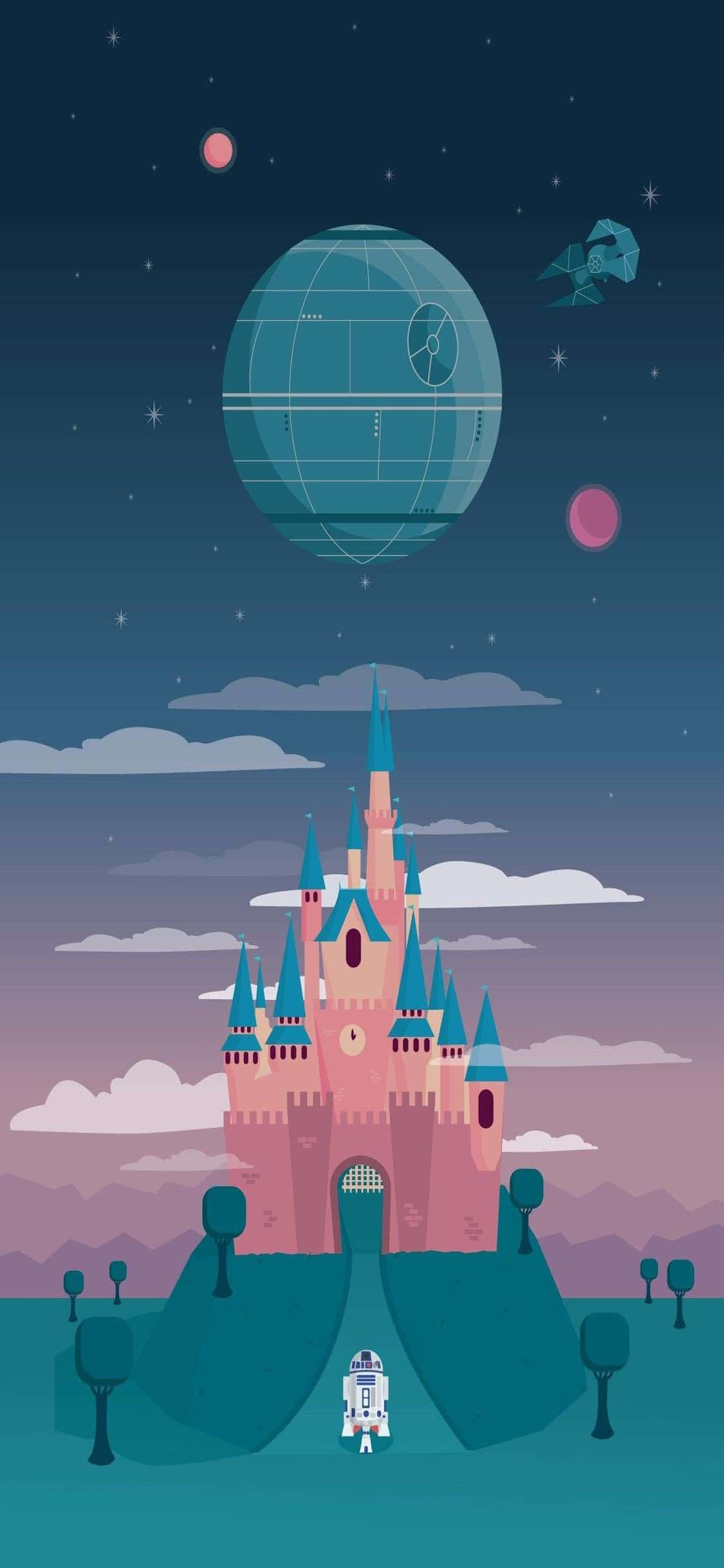 walt disney 桌布 壁紙 — 一座粉紅色的迪士尼城堡矗立在星空下，上方漂浮著死星和X翼戰機。