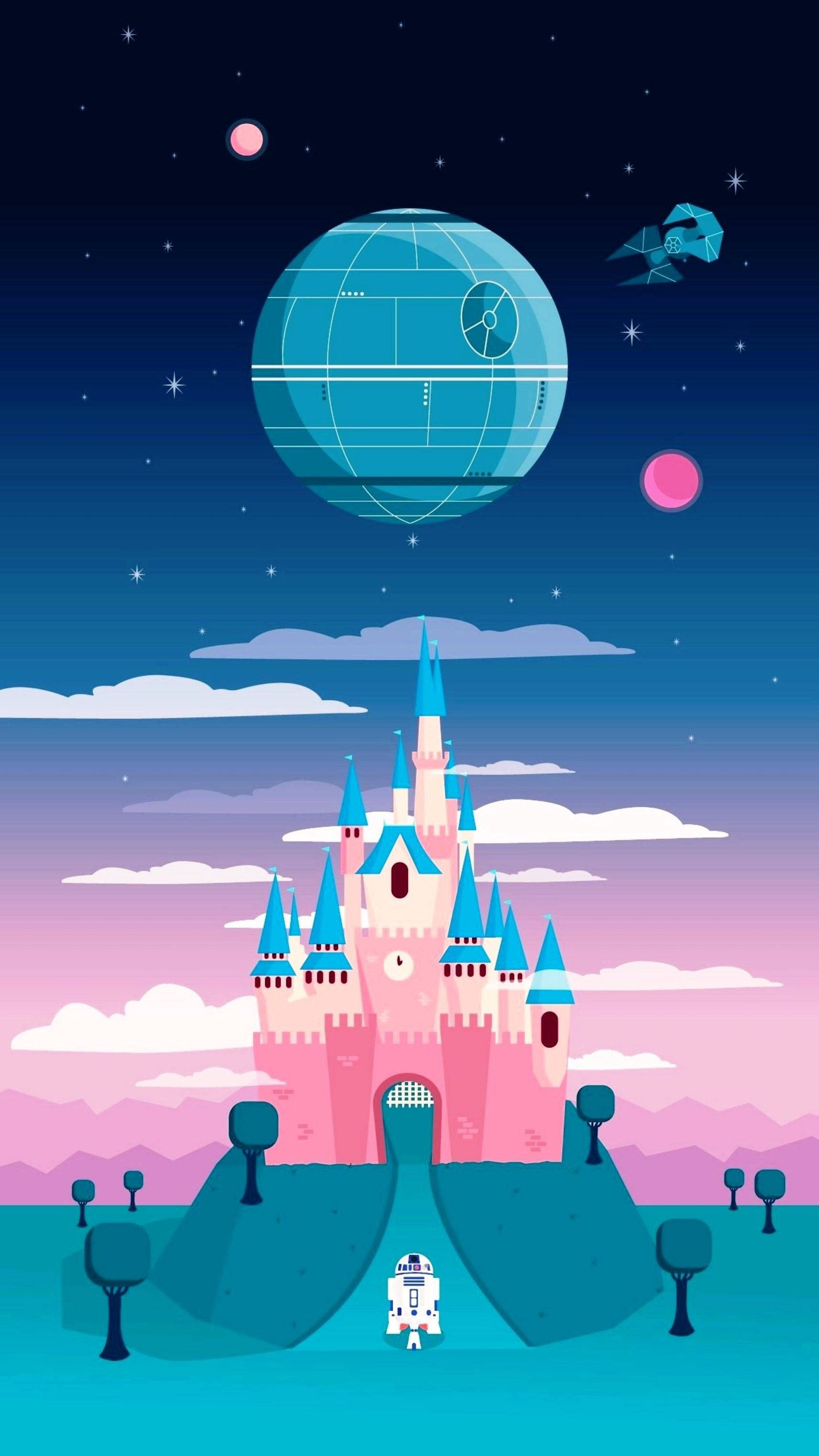 可愛 iPhone 桌布 桌布 壁紙 — 一座粉紅色的迪士尼城堡矗立在星空下，上方漂浮著藍色的死星和TIE戰鬥機。