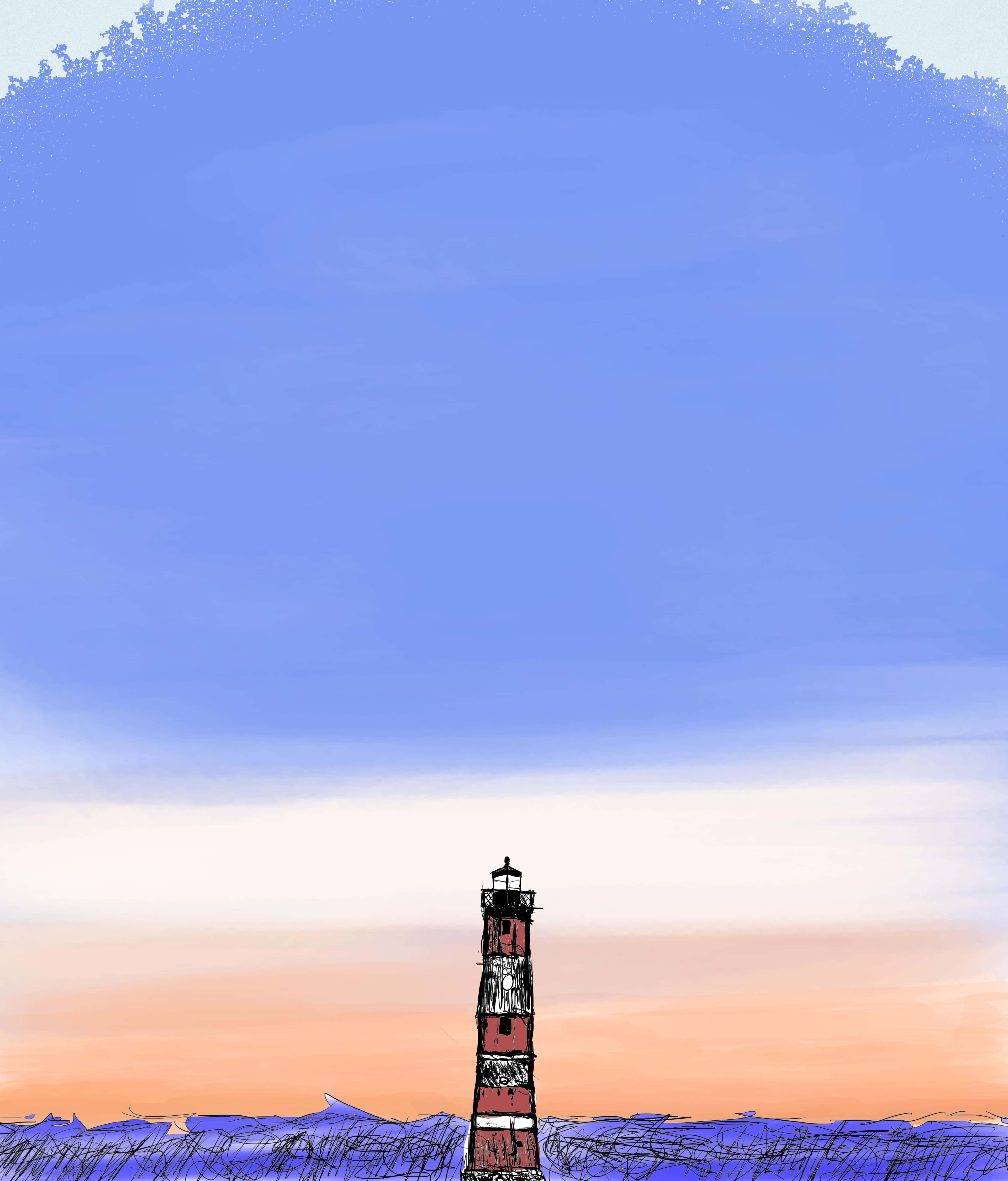 Lighthouse 桌布 壁紙 — 一座紅白條紋燈塔在日落時分聳立在藍色和橙色的漸變天空前。