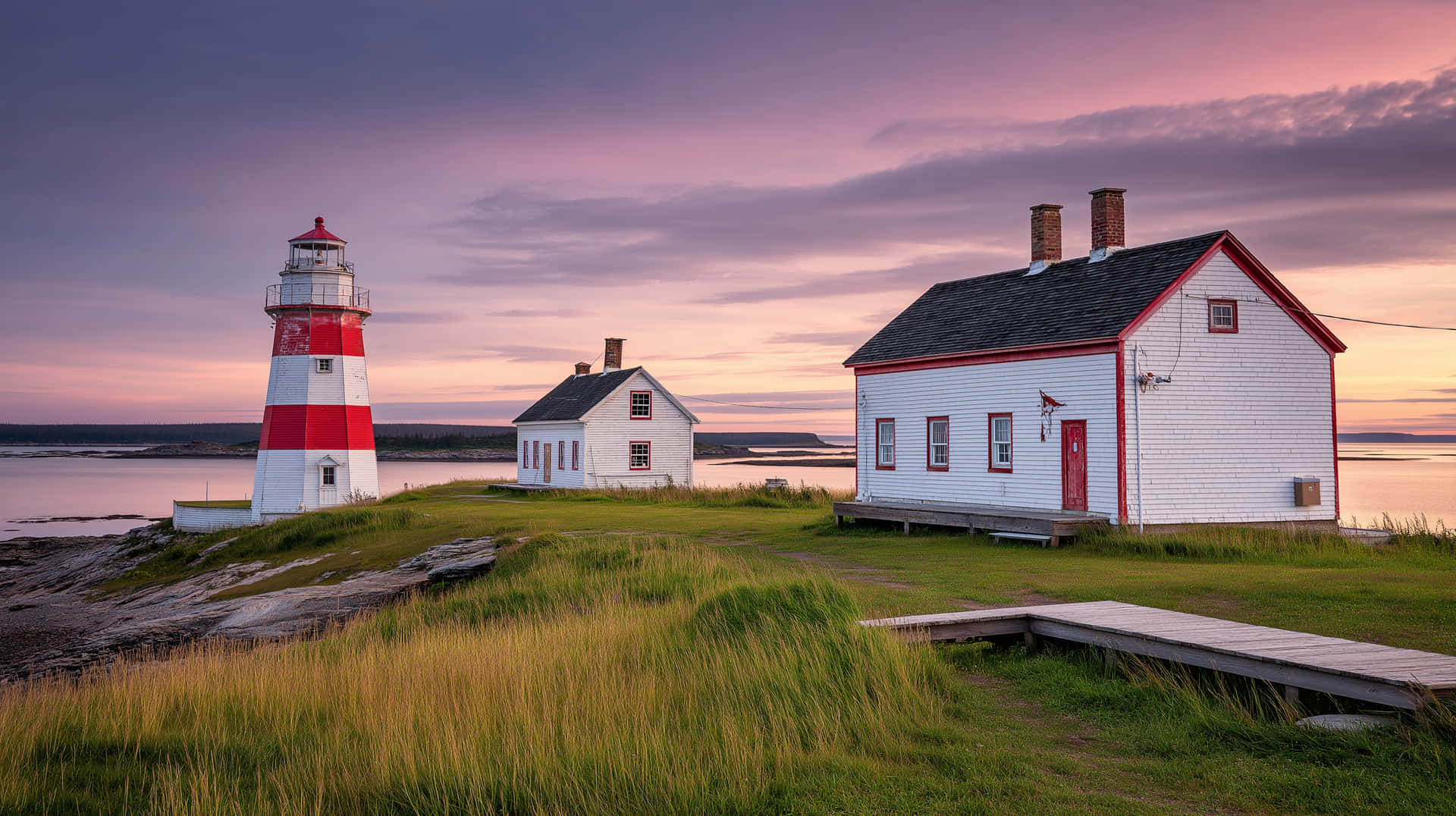 Iconic Coastal Lighthouse and Homes at Dusk on the Shore 壁紙 — 一座紅白條紋燈塔矗立在夕陽下，旁邊是兩間帶紅色飾邊的白色木屋，位於長滿草的海岸懸崖上。