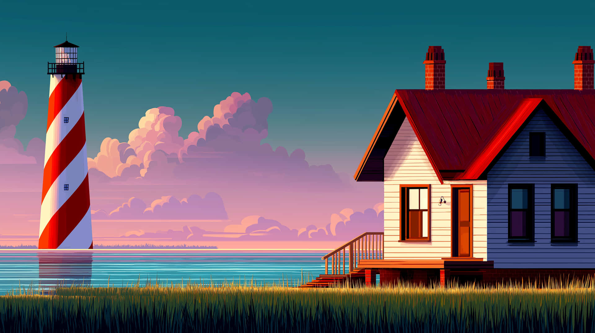 Striking Coastal Lighthouse and House by the Water 壁紙 — 一座紅白條紋燈塔矗立在海岸小屋旁，小屋有紅色屋頂，天空暮色中有粉紅色的雲彩。
