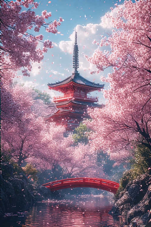 Kyoto Pagoda and Cherry Blossoms Tranquil Japan 4K 壁紙 — 一座紅色寶塔和拱橋隱藏在盛開的粉紅色櫻花下，襯著明亮的藍天。
