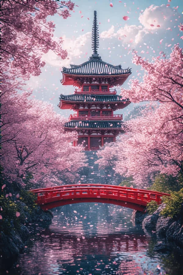 日本 桌布 壁紙 — 一座紅色寶塔在彎曲的橋後升起，粉紅色的櫻花在明亮的藍天中飄揚。