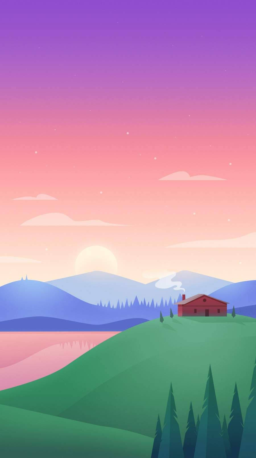 View 桌布 壁紙 — 一座紅色小屋坐落在綠色山丘上，俯瞰著日落時平靜的湖泊，遠處有紫色、粉紅色和藍色的山脈。