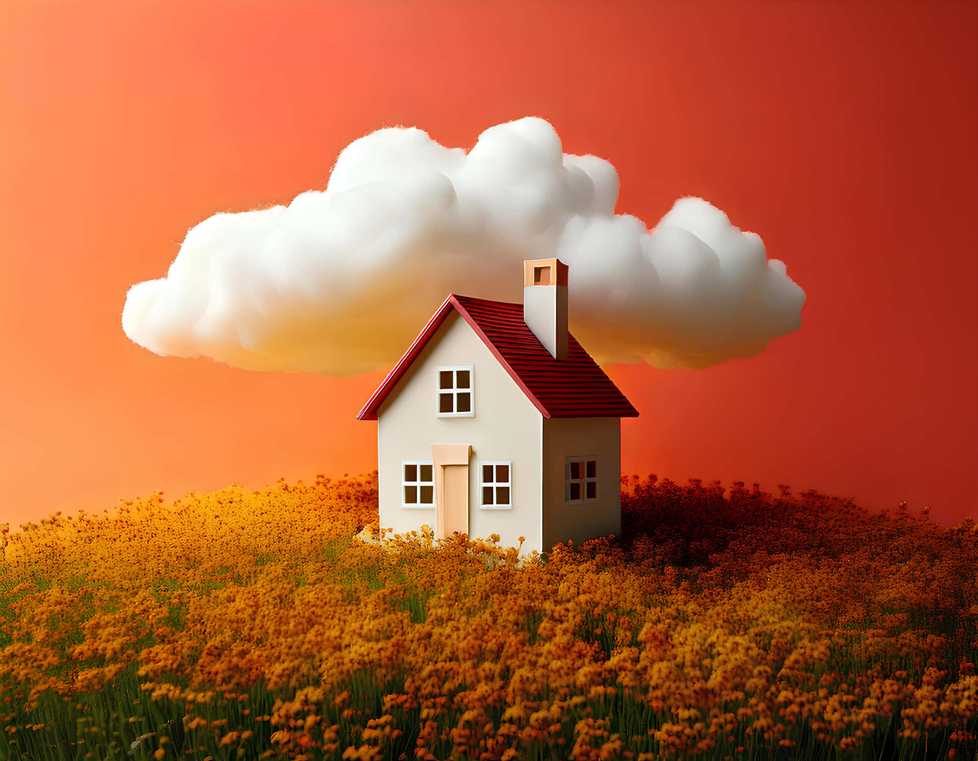 House 壁紙 — 一座紅色屋頂的微型白色房子坐落在金色花田上，上方有一大片蓬鬆的雲朵，背景是溫暖的橙色天空。