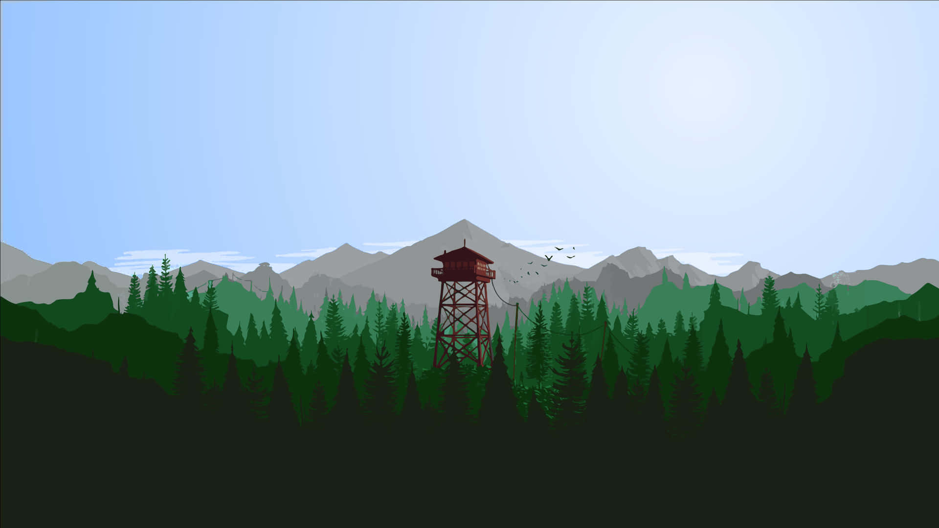 森林中的紅色消防瞭望塔，背景有山脈。 — 火線觀測者 GIF 壁紙
