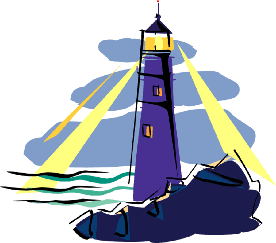 Lighthouse 桌布 壁紙 — 一座紫色燈塔在黑暗的海浪上透過藍色雲層發出明亮的黃光。