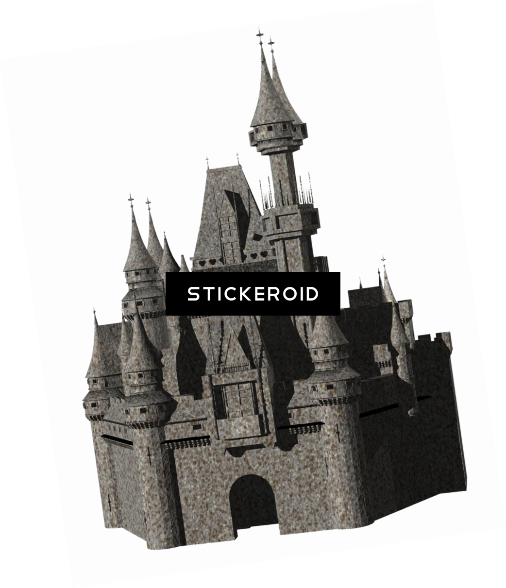 Victorian 桌布 壁紙 — 一座細節豐富的3D渲染石城堡，擁有多個尖頂和角樓，孤立地矗立在黑色背景前。