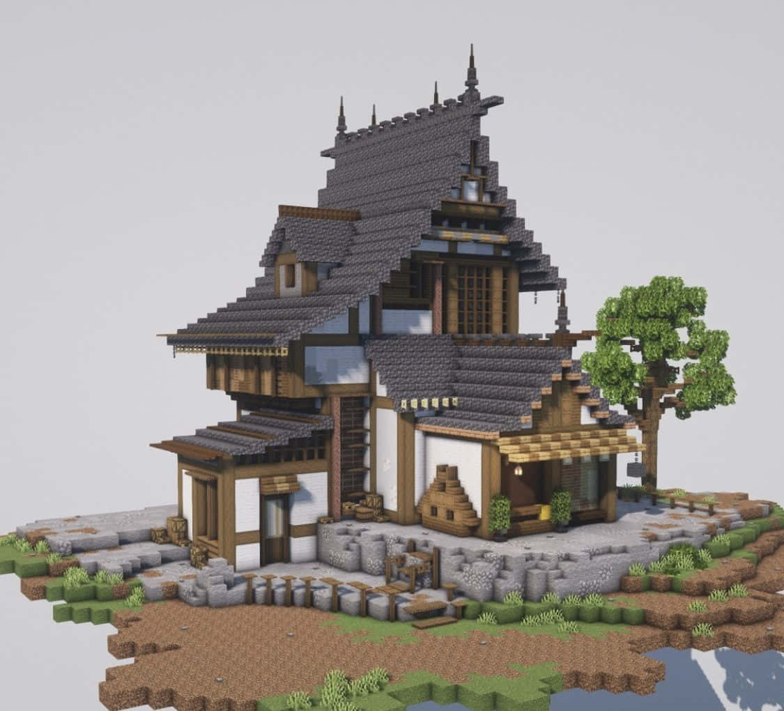 Minecraft Architecture 桌布 壁紙 — 一座細節豐富的像素風格日式房屋，擁有分層屋頂和木樑，坐落於一個帶有樹木和石徑的方塊狀島嶼上。