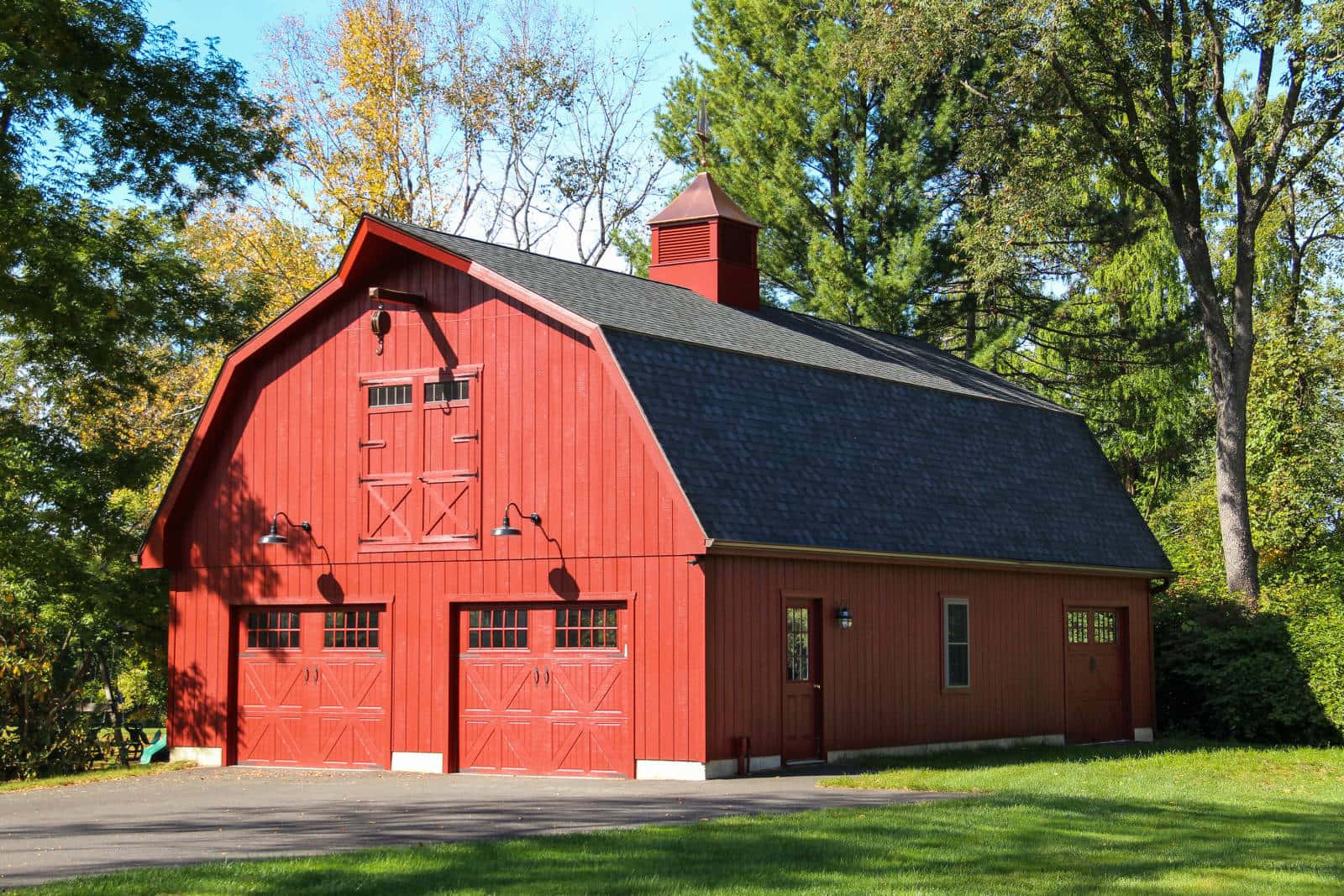 Barn 桌布 壁紙 — 一座經典的紅色穀倉，帶有黑色屋頂和圓頂，矗立在陽光明媚的秋日田野中，周圍環繞著金色和綠色葉子的樹木。