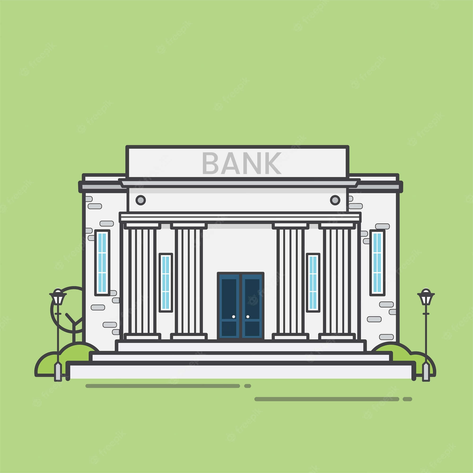 Bank 桌布 壁紙 — 一座經典銀行建築的極簡平面插圖，帶有柱子和標誌，背景為純綠色。