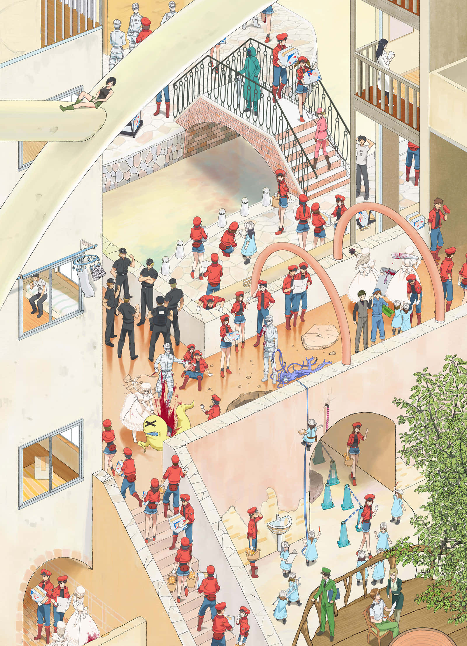 Cells At Work 桌布 壁紙 — 一座繁忙的多層建築，充滿了穿著紅色制服的不同角色和市民在樓梯和陽台上互動。