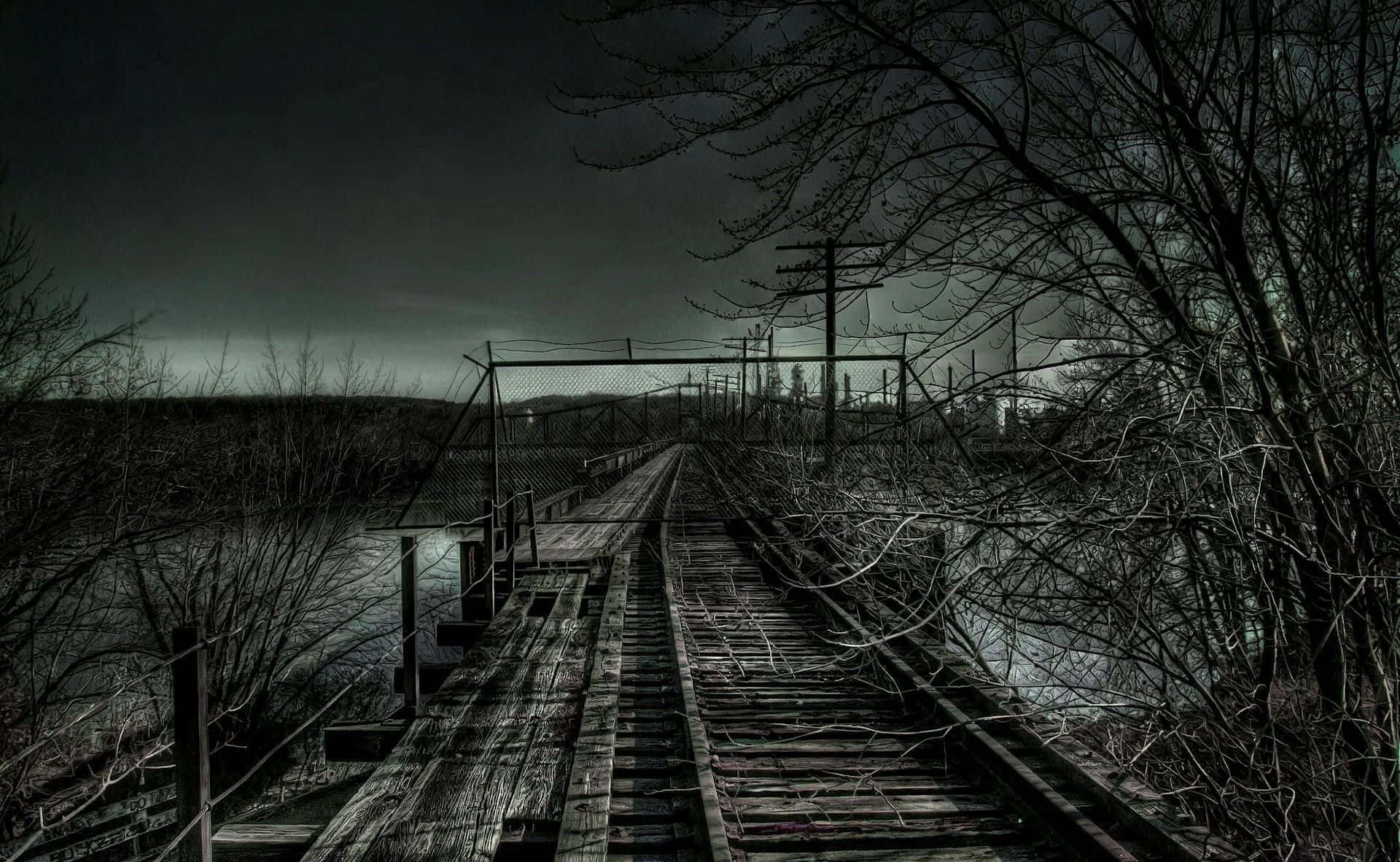 Railroad 桌布 壁紙 — 一座腐朽的木製鐵路橋在陰沉的夜空下，被光禿禿的樹木框住，延伸進黑暗之中。