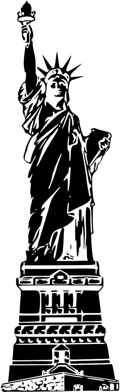 自由女神像 桌布 壁紙 — 一座自由女神像的鮮明黑白線條藝術剪影，高舉火炬，襯托在深色背景上。