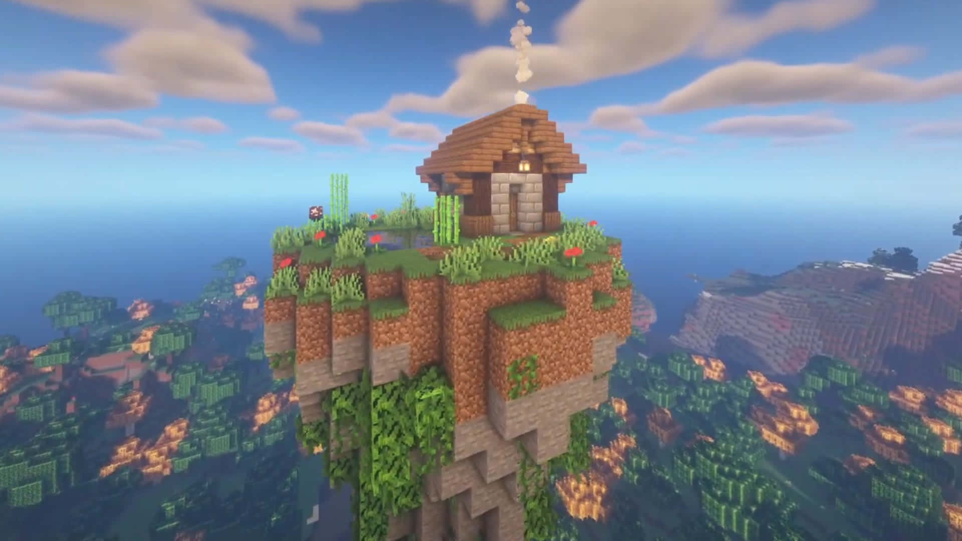 Minecraft Building 桌布 壁紙 — 一座舒適的像素風格房屋坐落在漂浮島嶼上，島上有草、花朵和藤蔓，俯瞰著多雲天空下的廣闊海洋。