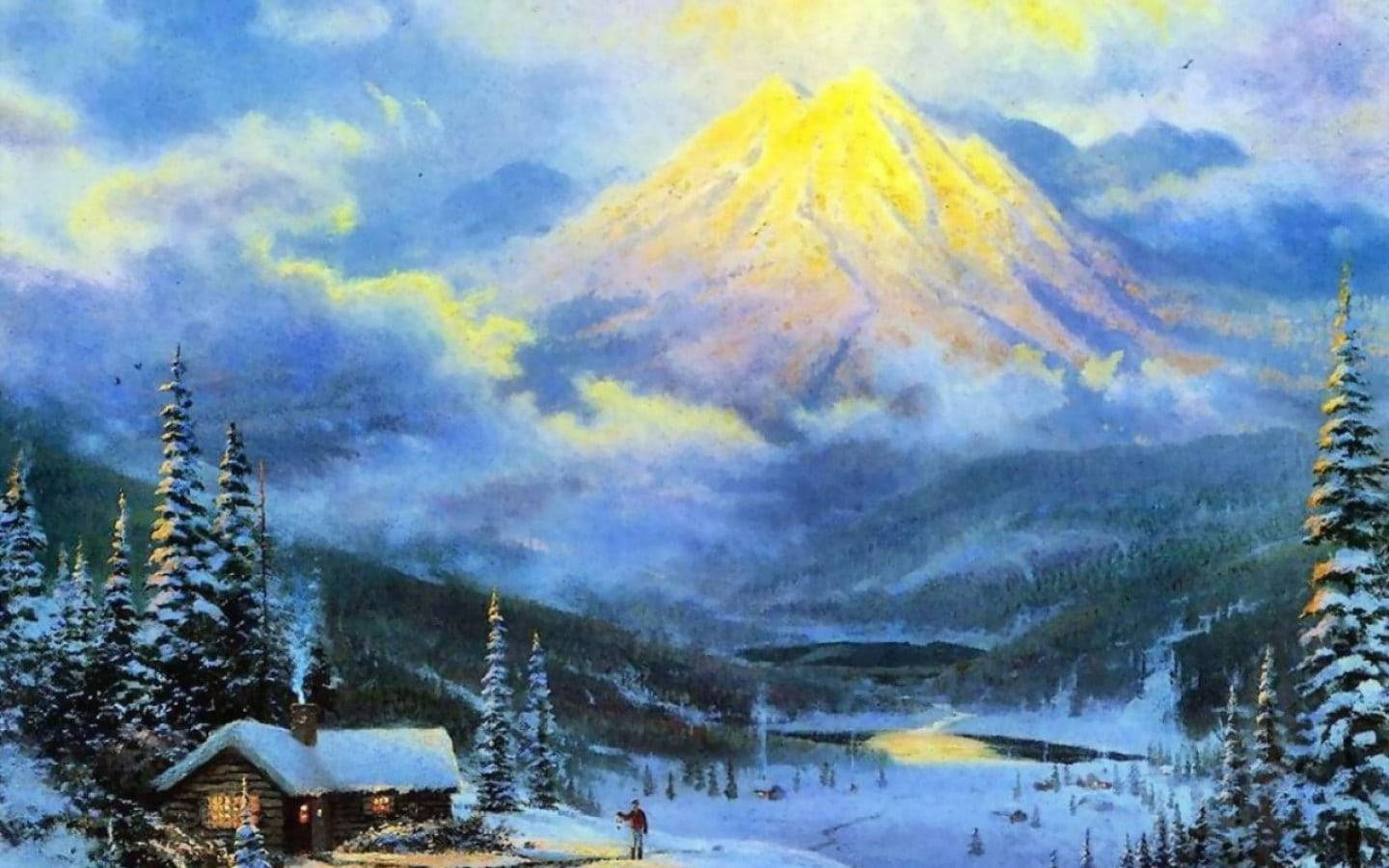 冬天 桌布 壁紙 — 一座舒適的雪覆蓋小屋坐落在冬季樹林中，一個孤獨的身影走向沐浴在金色日落光芒中的閃耀山峰。