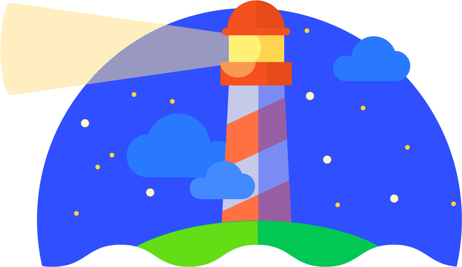 Lighthouse 桌布 壁紙 — 一座色彩繽紛的卡通燈塔在星空夜空中照射出光芒，伴有藍色雲朵和綠色大地。