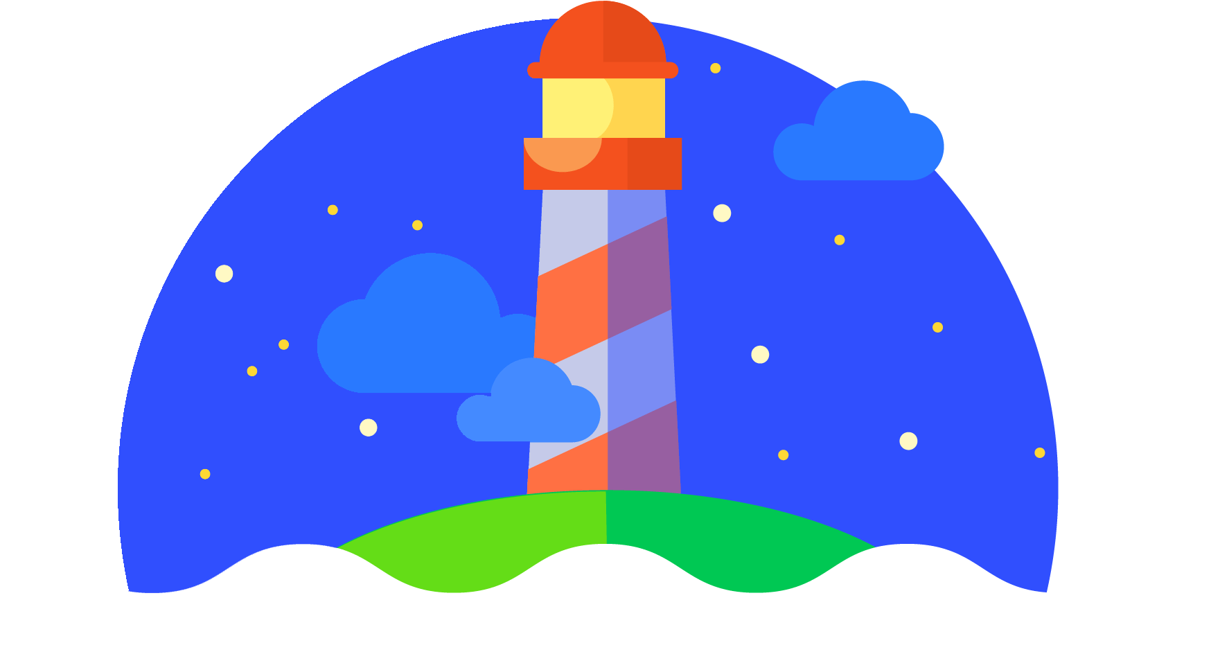 Lighthouse 桌布 壁紙 — 一座色彩繽紛的燈塔，帶有紅色、橙色和紫色條紋，矗立在綠色山丘上，下方是繁星點點的藍色夜空，有蓬鬆的雲朵。