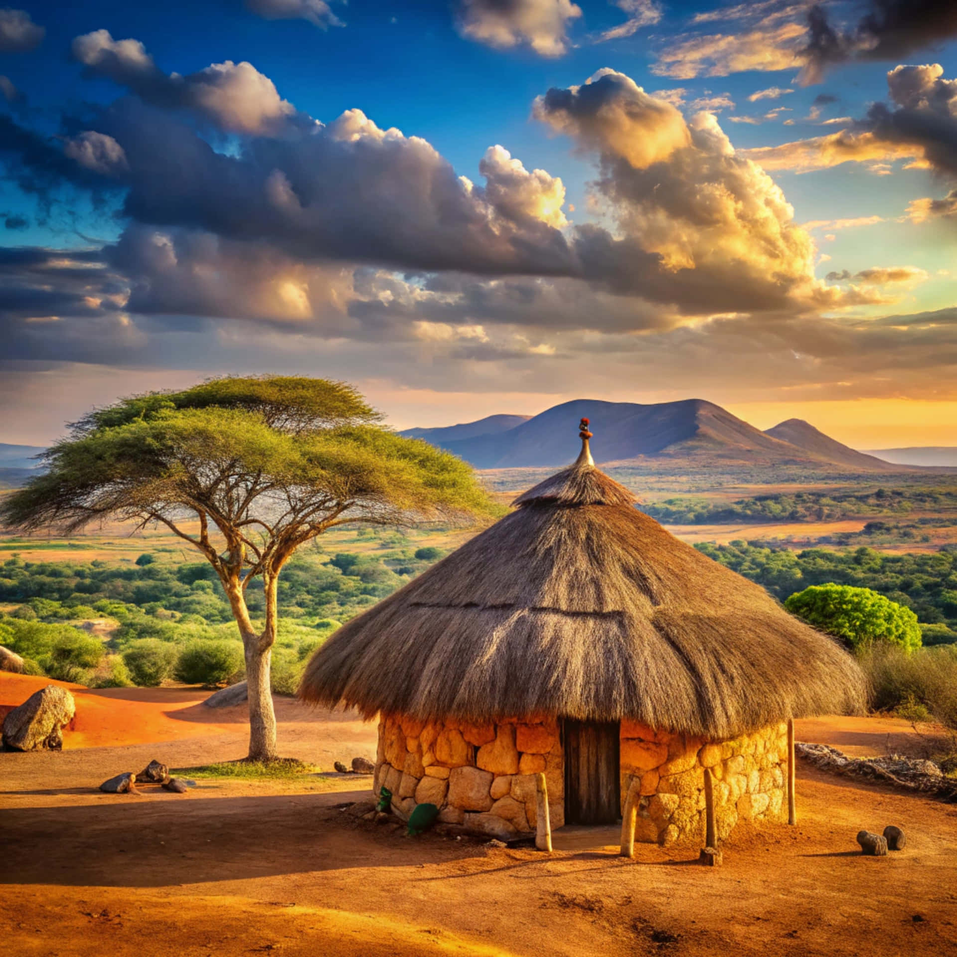 Hut in Africa 壁紙 — 一座茅草屋頂的石屋孤獨地矗立在戲劇性的天空下，金色的雲彩籠罩著遠山和金合歡樹。