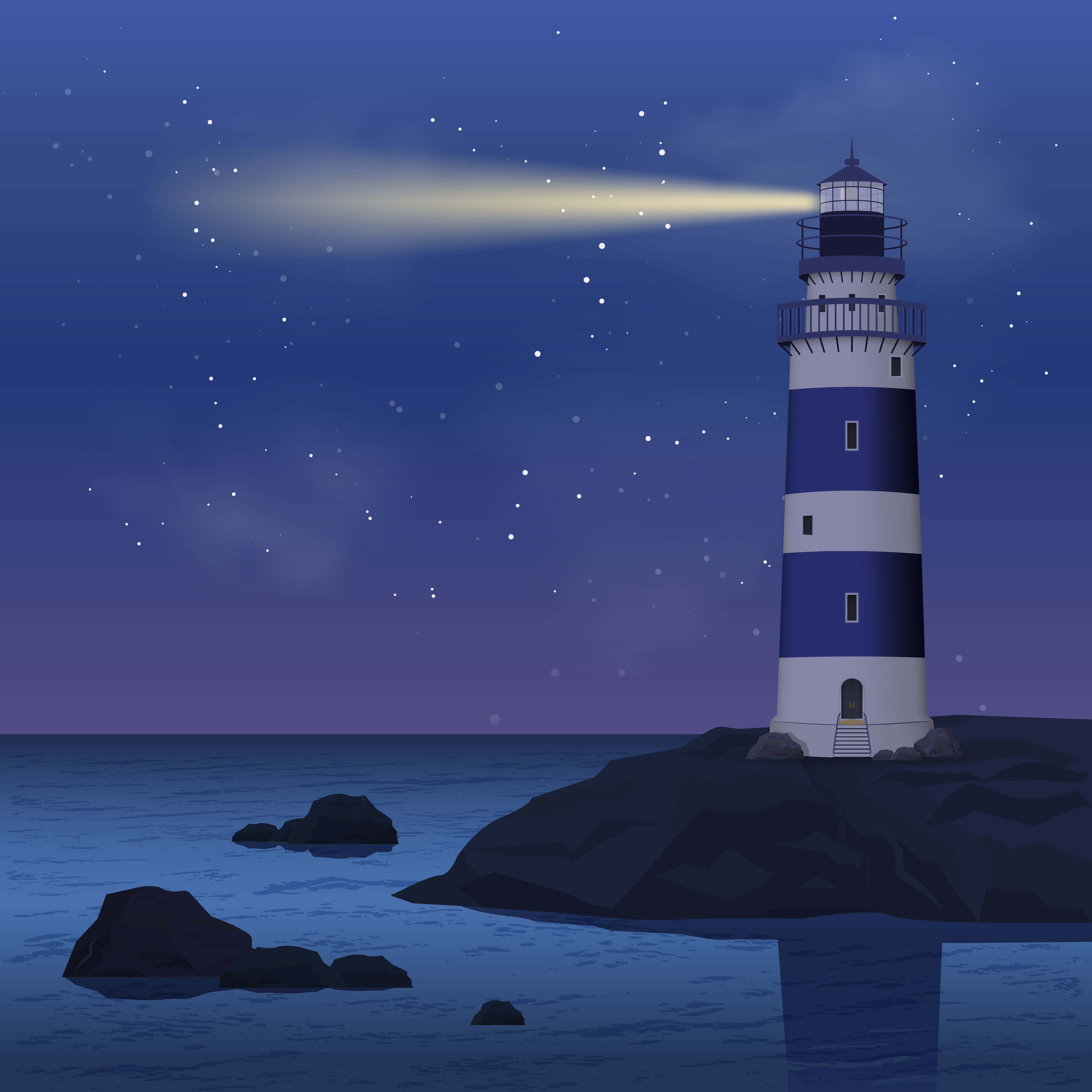 Lighthouse 桌布 壁紙 — 一座藍白條紋燈塔在平靜的海面上，將光芒投射到繁星點點的夜空。