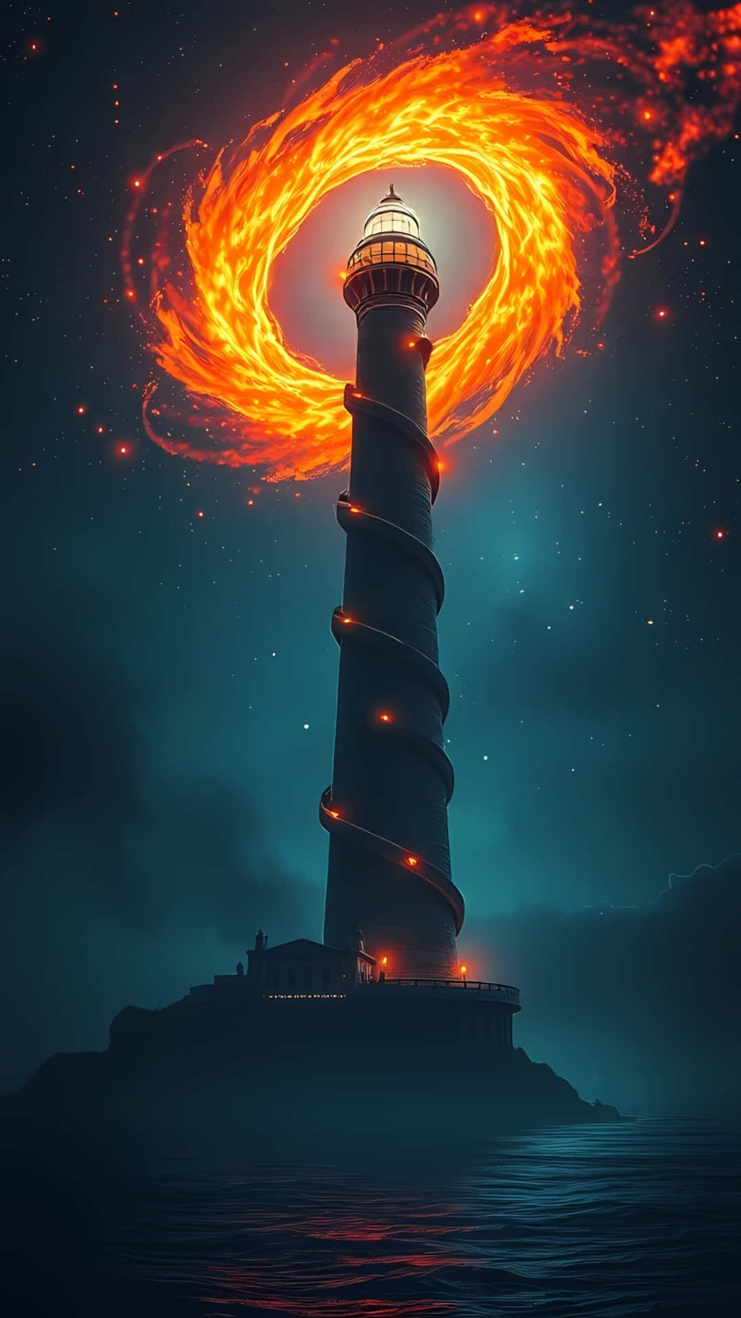 Mystical Lighthouse with Fiery Magic Portal 壁紙 — 一座螺旋燈塔在岩石島上，向繁星點點的藍綠色夜空發射熾熱的火環。