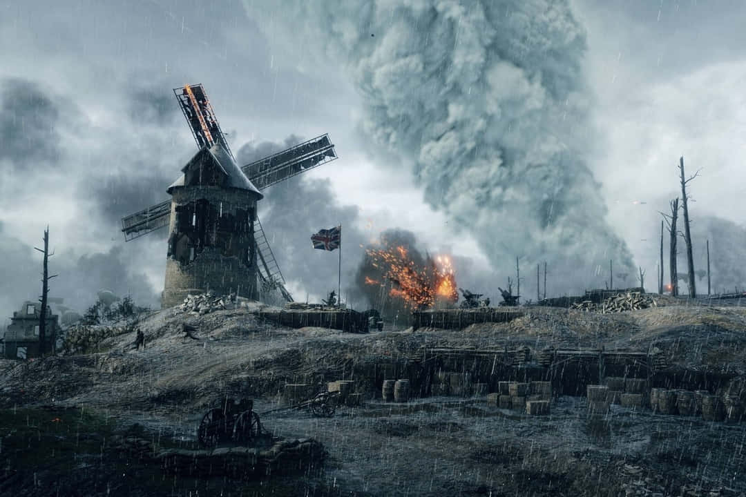 Battlefield 桌布 壁紙 — 一座被戰爭摧殘的風車矗立在戰場上，伴隨著煙霧、火焰和雨水，天空陰沉。