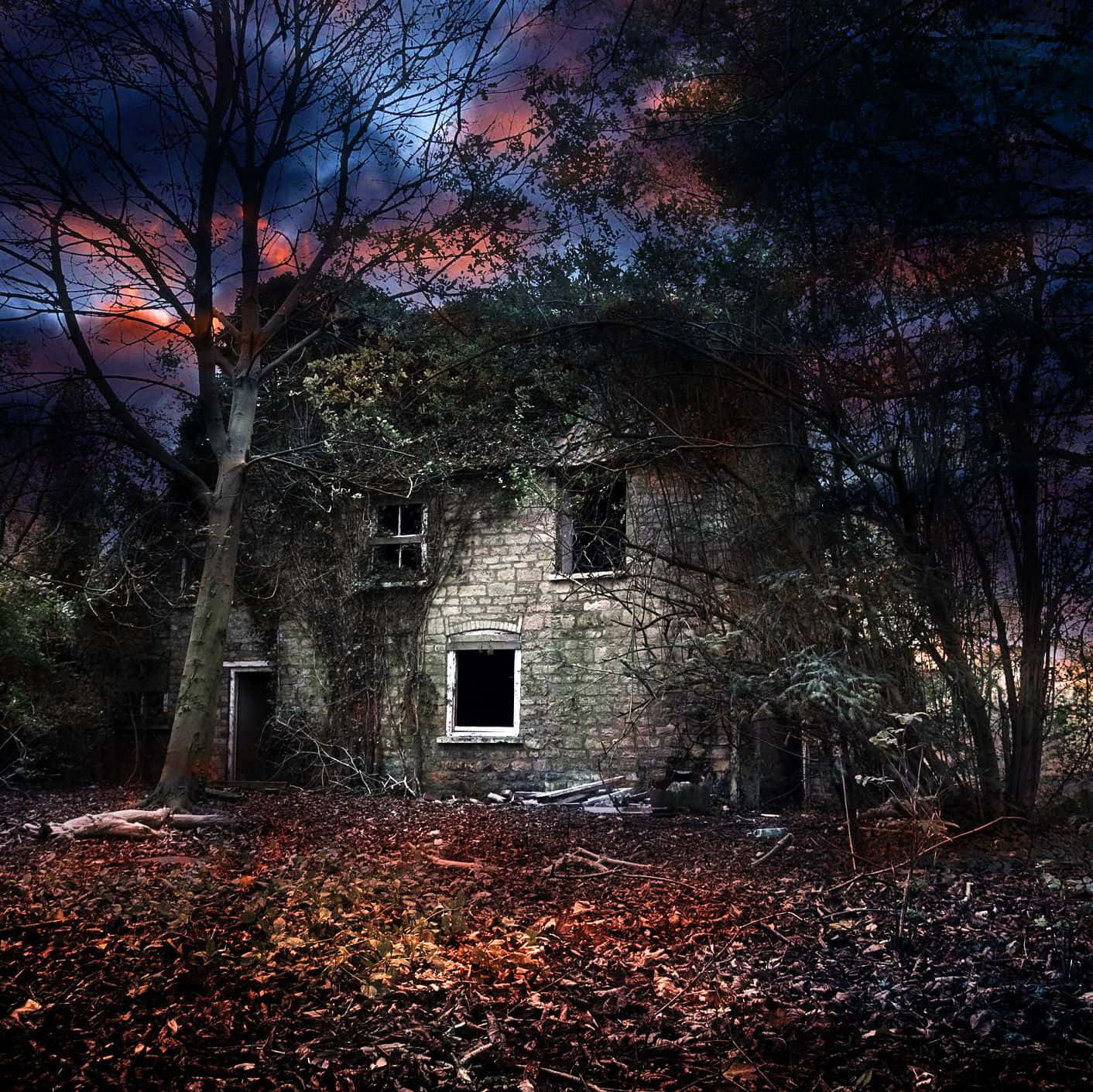 Haunted House 桌布 壁紙 — 一座被樹木和落葉覆蓋的廢棄石屋，在戲劇性的暮色天空下。