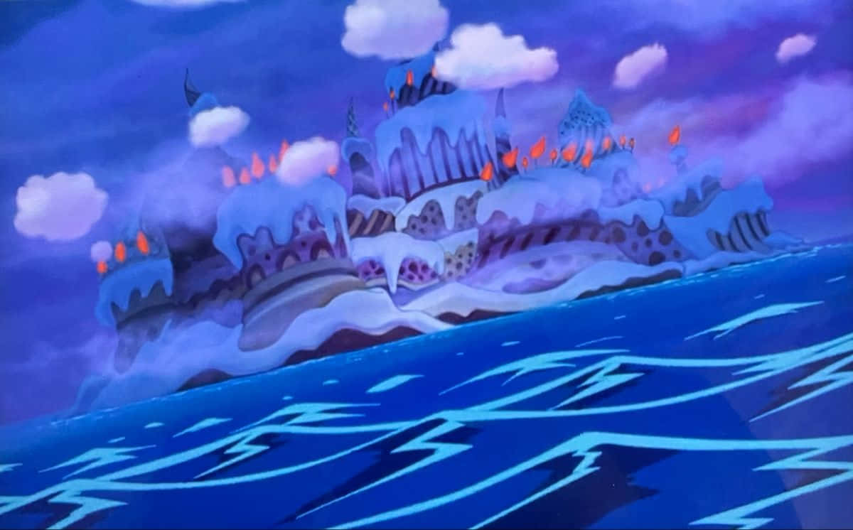 Whole Cake Island 桌布 壁紙 — 一座被雪覆蓋的城堡，塔樓噴出熾熱的橙色火焰，從波濤洶湧的藍色大海中升起，天空是紫色的暴風雨。
