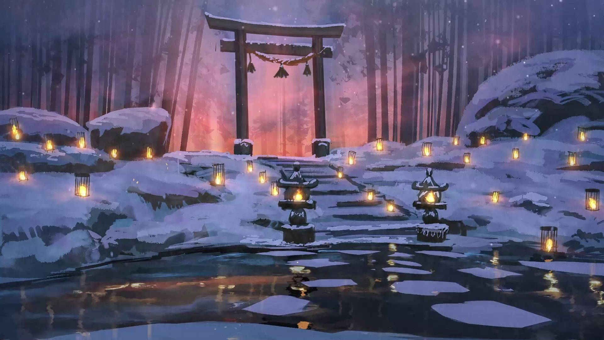 Torii 桌布 壁紙 — 一座被雪覆蓋的日本鳥居在暮色天空下閃耀，燈籠倒映在冰冷的水中。