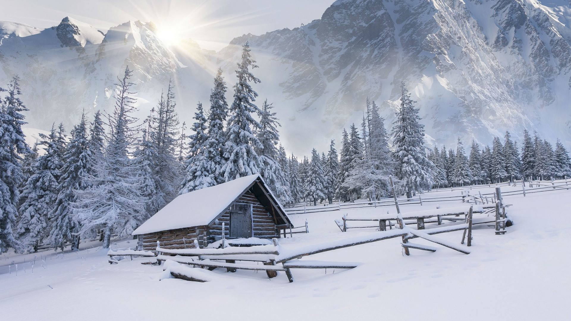 一月 桌布 壁紙 — 一座被雪覆蓋的木屋坐落在常青樹中，陽光穿過白雪皚皚的山峰。