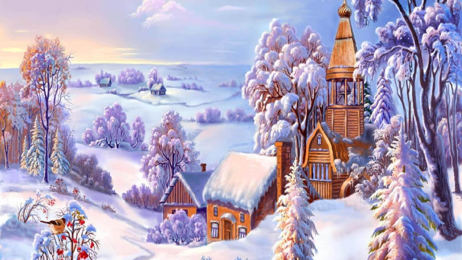 Christmas Winter Wonderland 桌布 壁紙 — 一座被雪覆蓋的木製教堂和小屋，坐落在寧靜的冬季景觀中，周圍有結霜的樹木和柔和粉彩的天空。