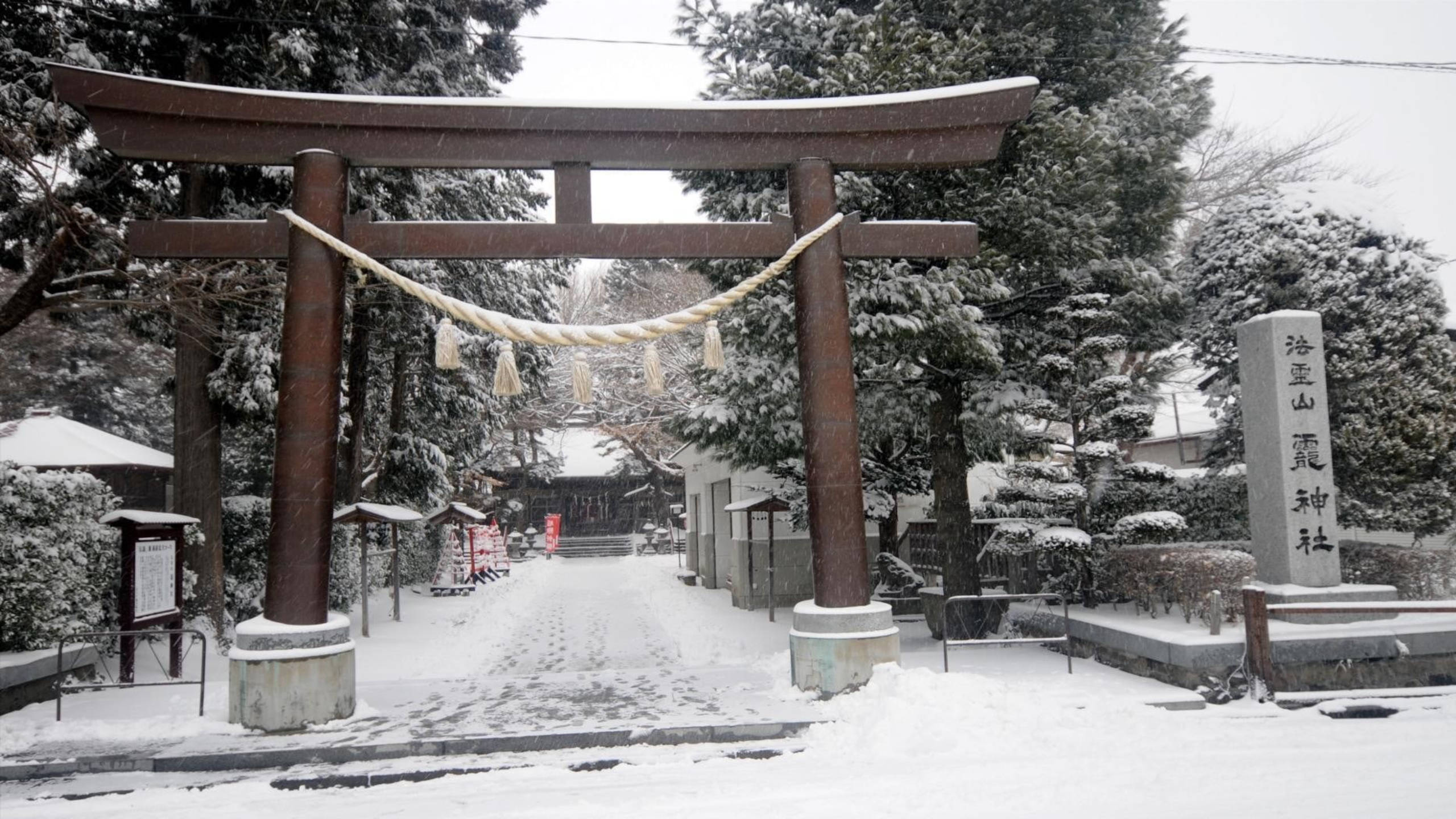 日本 桌布 壁紙 — 一座被雪覆蓋的木製鳥居莊嚴地矗立在寧靜的日本神社入口，周圍環繞著常青樹。